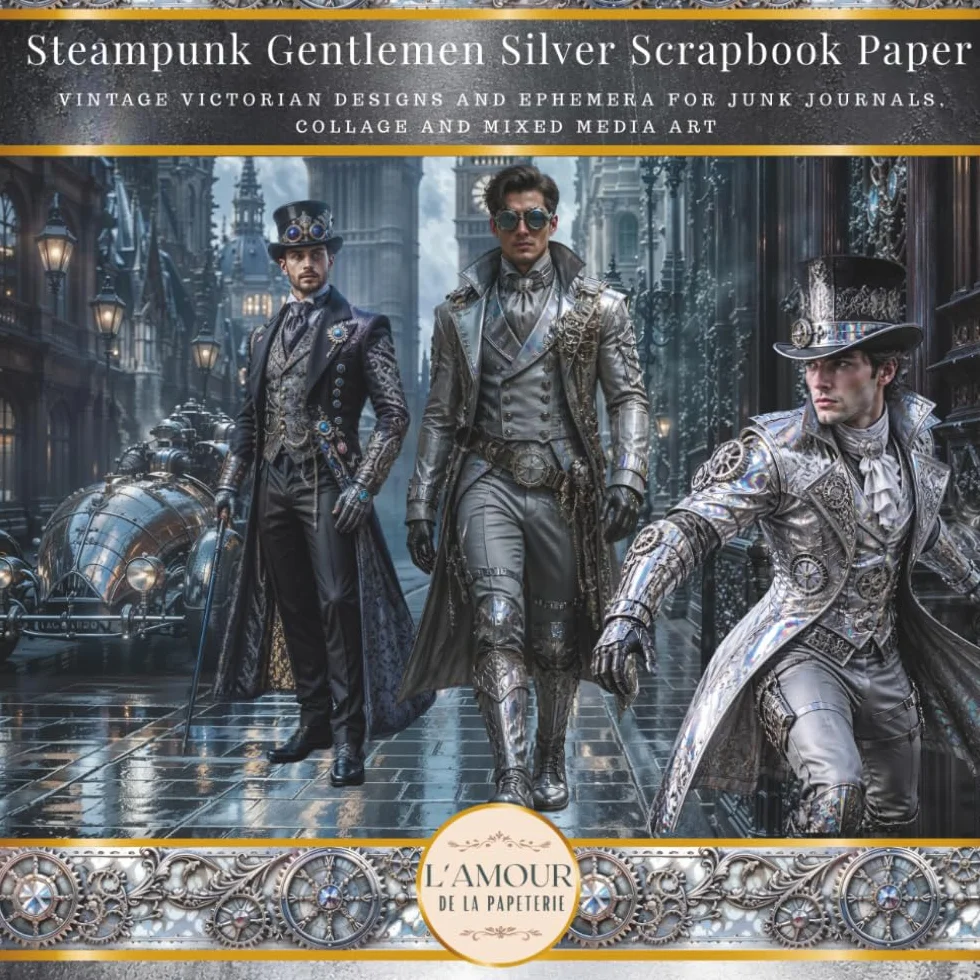 Steampunk Gentlemen Silver Scrapbook Paper: Vintage Victorian Designs & Ephemera for Junk Journals, Collage, Mixed Media Art