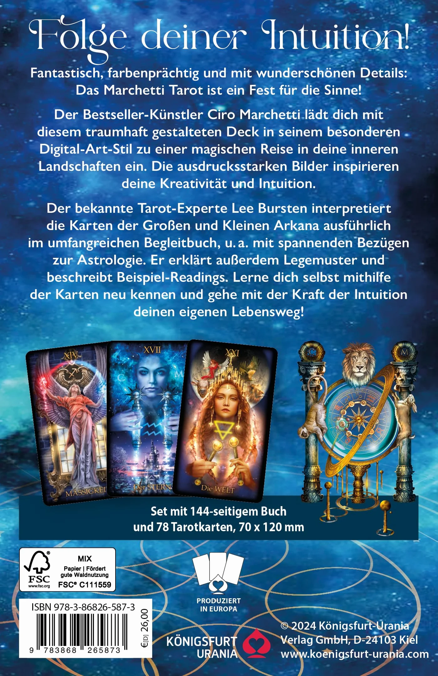 Marchetti Tarot 78 Karten 144-seitiges Buch Stülpdeckelschachtel mit Spotlack