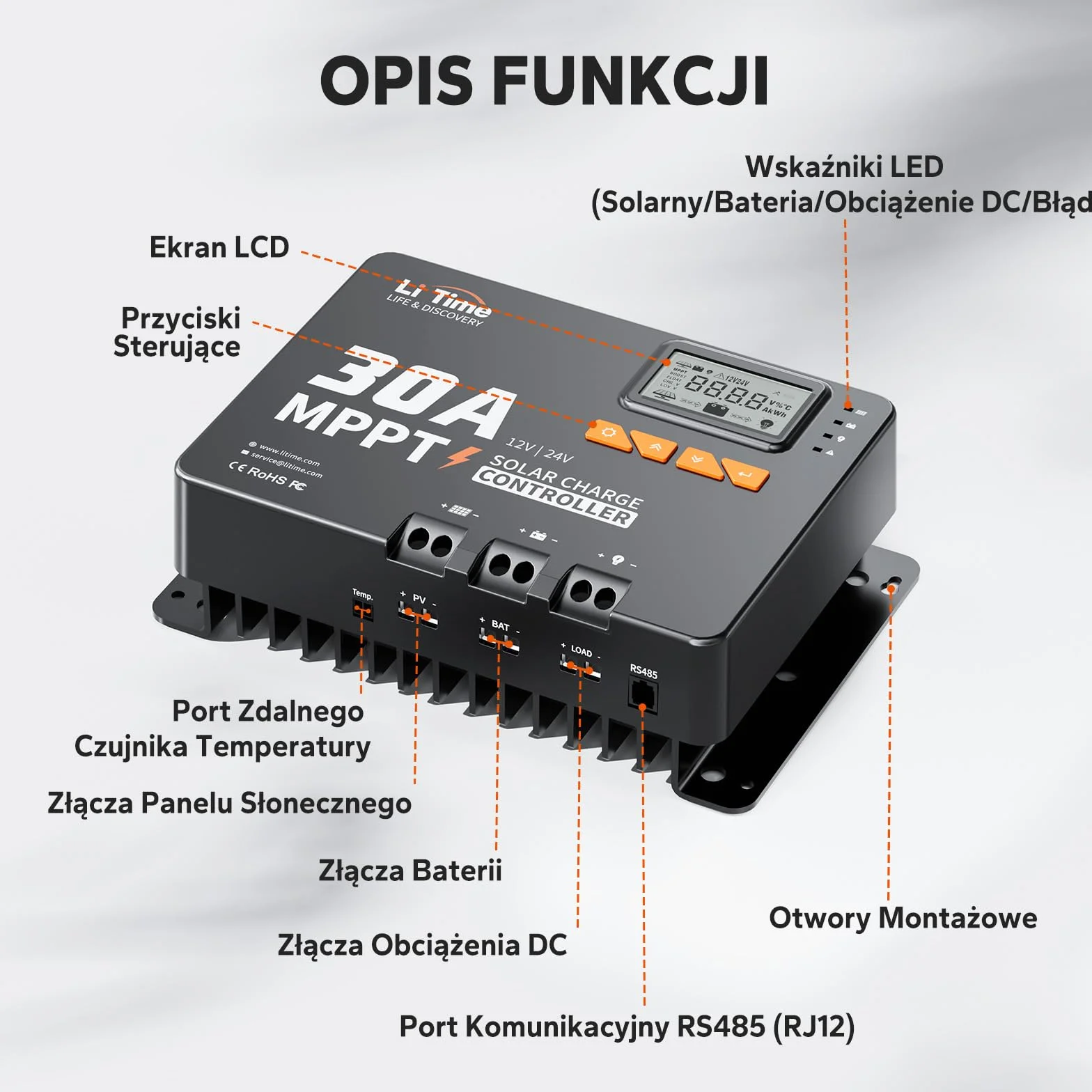 LiTime 30A MPPT 12V/24V Auto DC Regulator Ładowania Solarnego z Adapterem Bluetooth