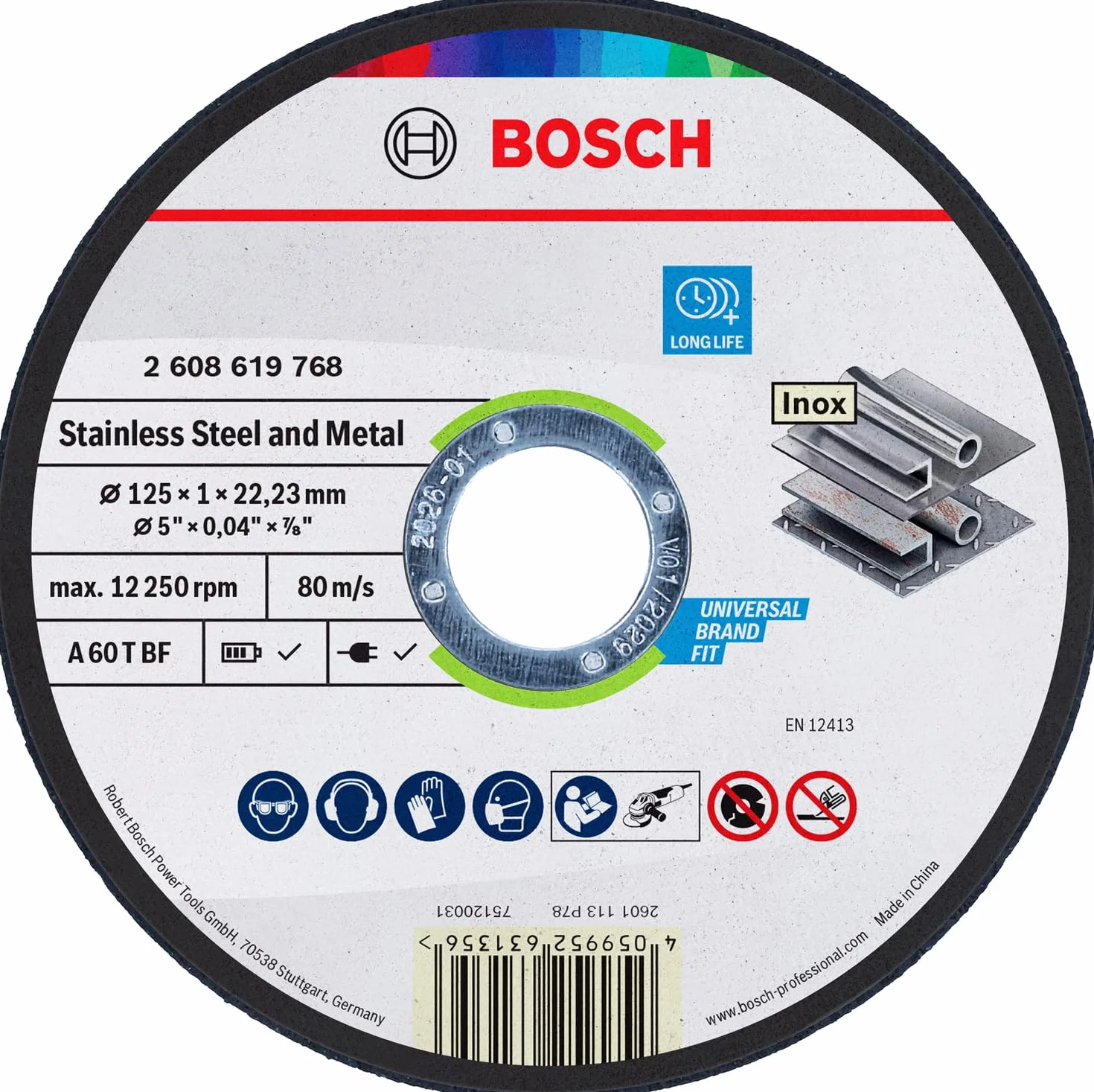 Bosch 1x Tarcza tnąca Stainless Steel and Metal Long Life z otworem 22,23 mm (do Stal nierdzewna, Stal, Ø 125 mm, Professional Akcesoria Mała szlifierka kątowa)