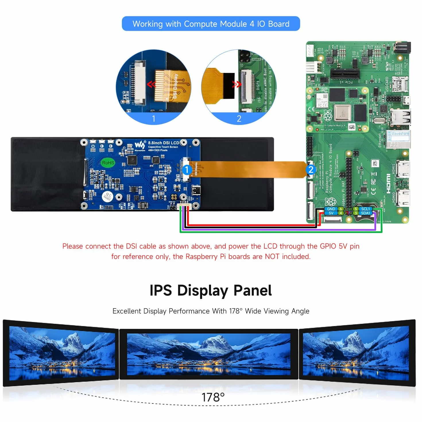Waveshare 8.8 inch DSI Display Capacitive Touch Screen, Compatible with Raspberry Pi 5/4B/3B/CM3/3+/4/5, 480 × 1920 IPS Panel, 178° Wide Viewing Angle, DSI Display Interface