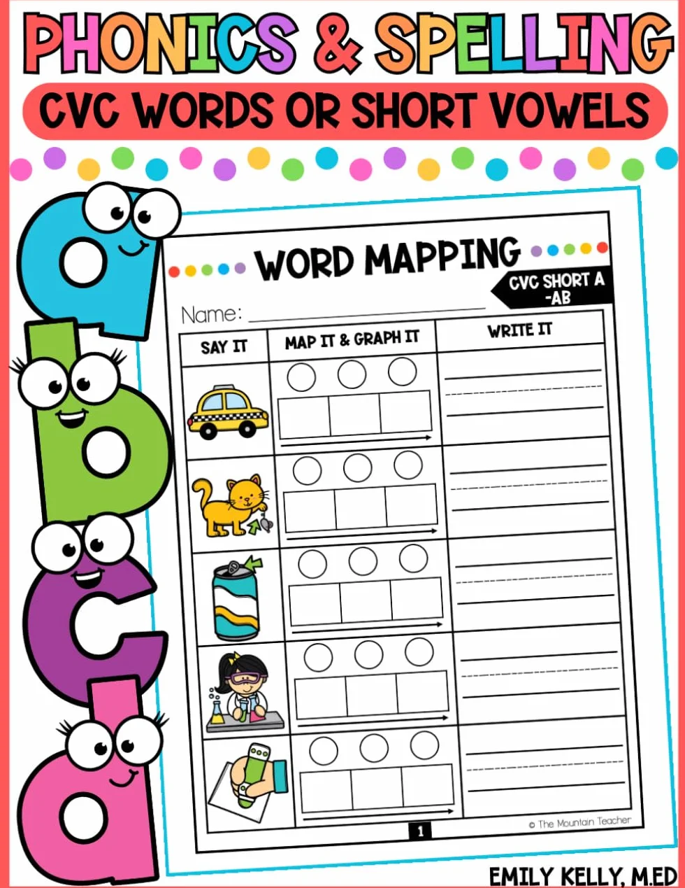 Phonics and Spelling Skill Building Workbook for Kindergarten 1st Graders CVC Words Short Vowels Word Mapping Activities