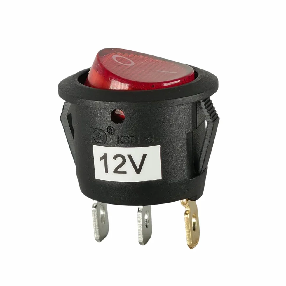 Przełącznik kołyskowy 12 V okrągły z diodami LED podświetlany na czerwono – włącznik/wyłącznik dźwigienkowy Ø 20 mm do montażu – 3-biegunowy 6 A (do 10 A) – lampka kontrolna LED – przełącznik do
