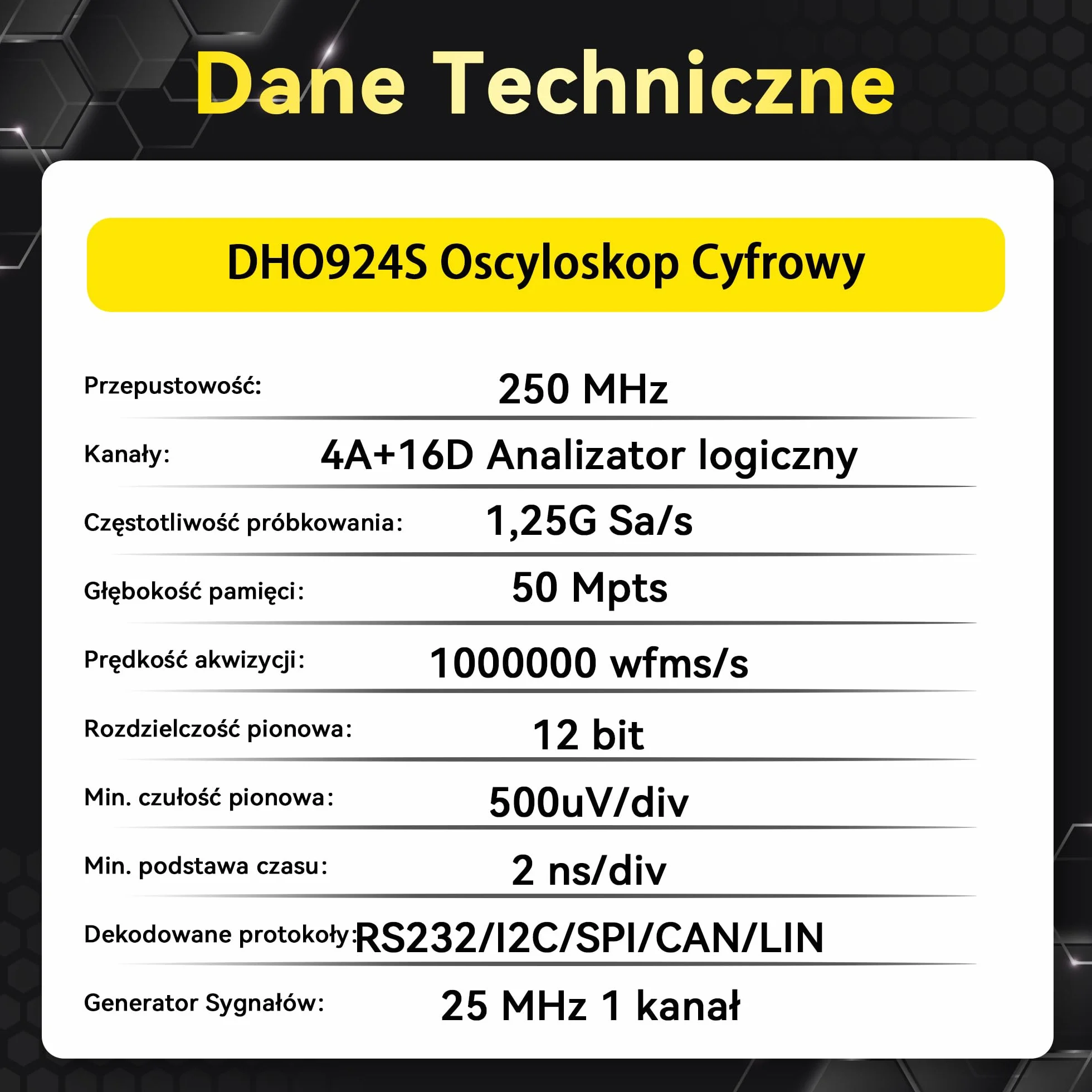 RIGOL DHO924S Oscyloskop,Przenośny Cyfrowy Oscyloskop,250 MHz,12 bit,4 kanały analogowe,16 kanałów cyfrowych,obsługuje analizę wykresu Bode'a,zintegrowany generator sygnałowy 25MHz