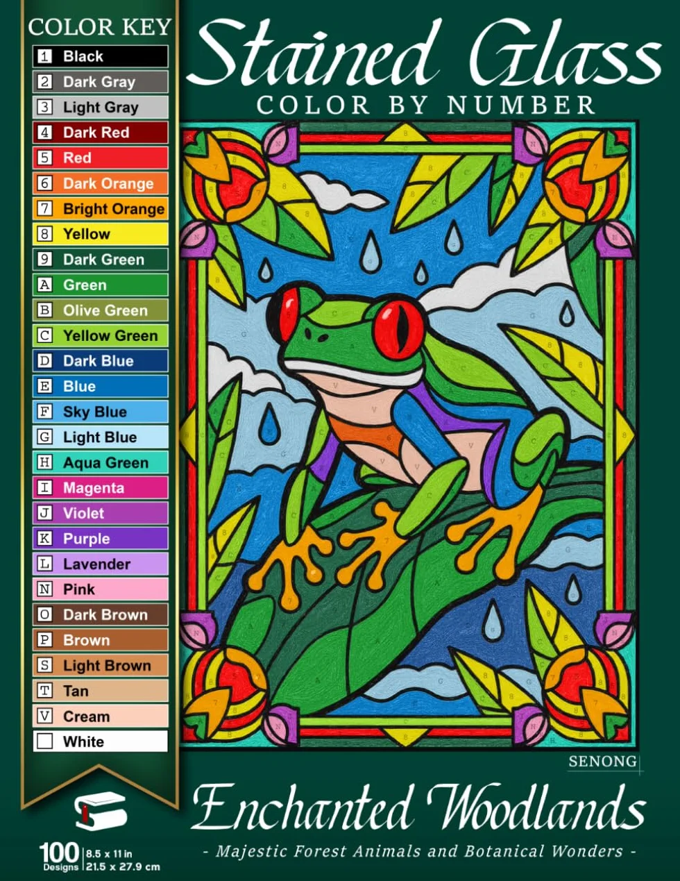 Enchanted Woodlands Stained Glass Color by Number: Forest Animals & Botanical