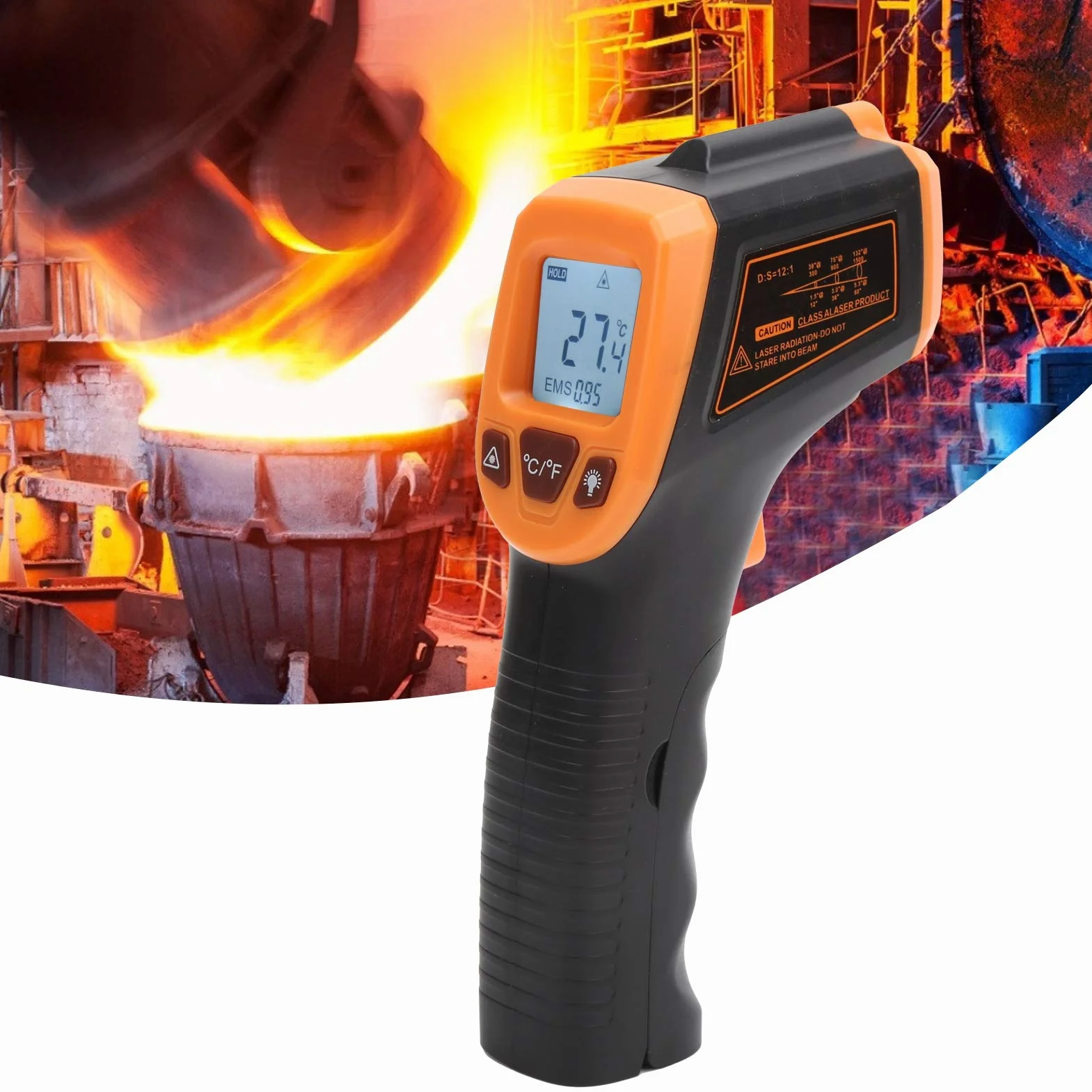 Termometr Przemysłowy na Podczerwień GM320S, Bezdotykowy, -50°C do 600°C, Podświetlenie LCD, Pomarańczowy, do Pomiaru Temperatury Powierzchni