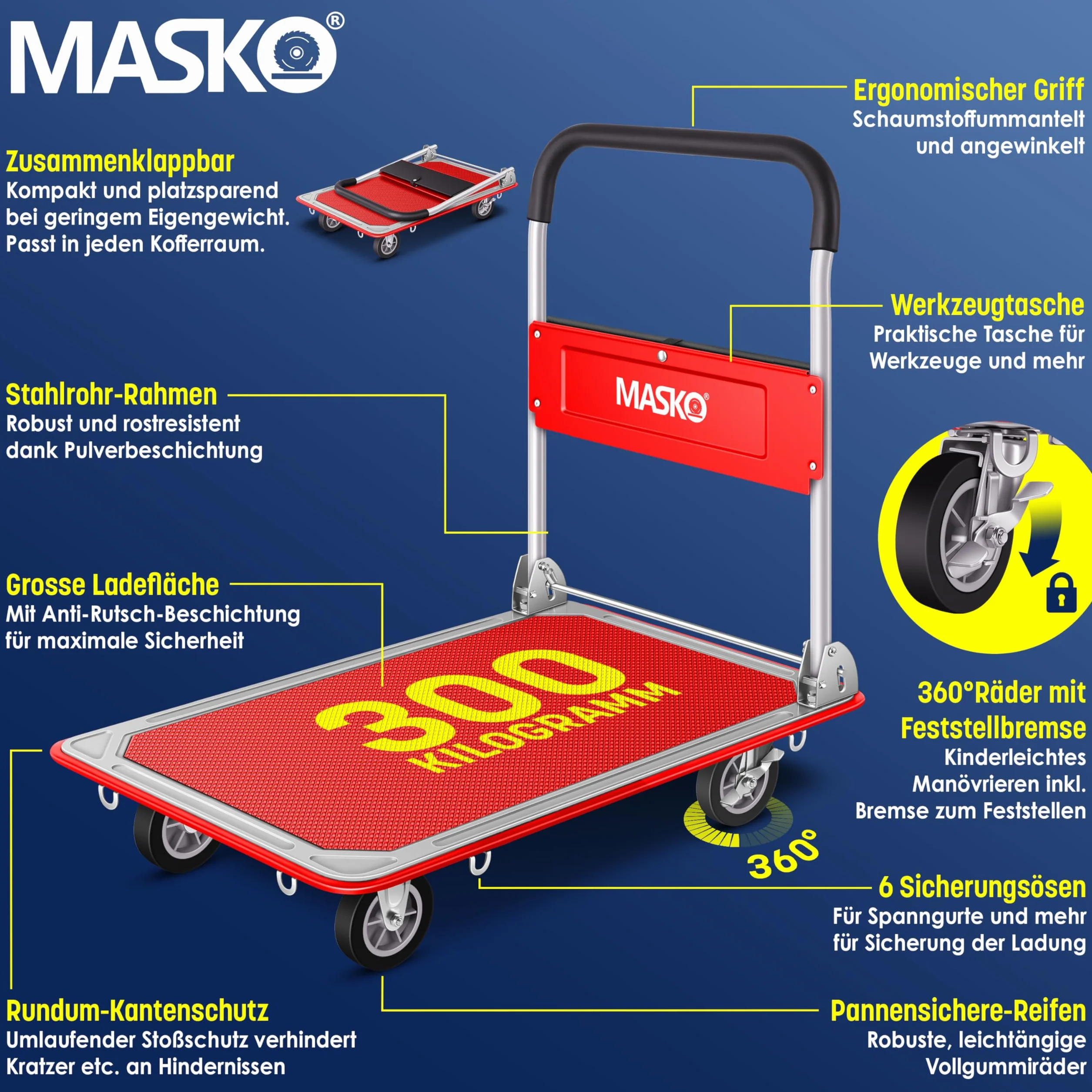 MASKO® Wózek z Platformą Transportowy, Składany z Rękawicami Roboczymi, Hamulec Postojowy, 6 Oczek Zabezpieczających, Kółka Skrętne 360°