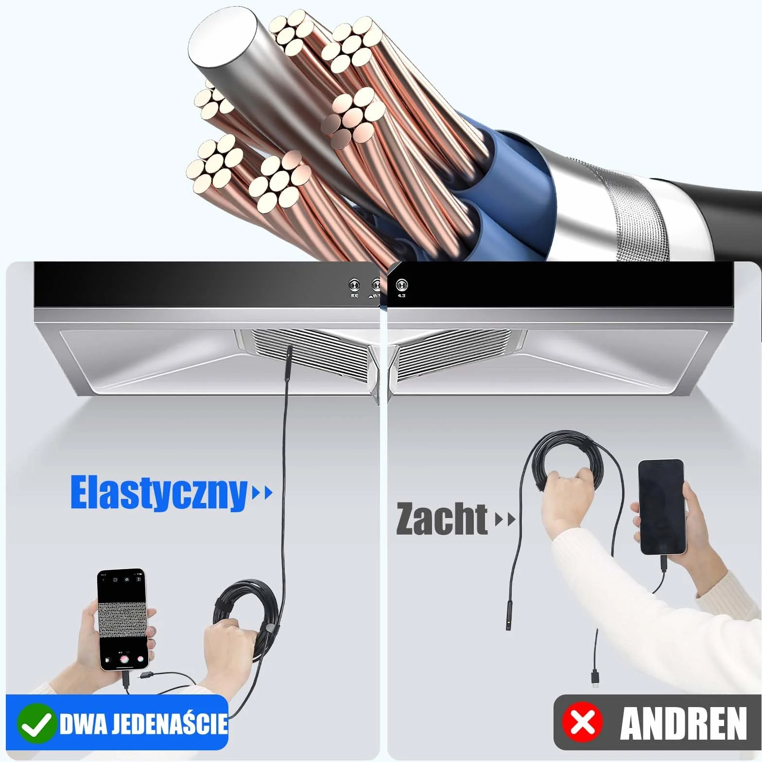 Kamera endoskopowa z dwoma obiektywami,Kamera endoskopowa1920P Obiektyw 7,9mm Kamera endoskopowa 8+1 diod LED,IP67 Wodoodporny,Obrót o 360 stopni Kompatybilny z iPhone/Android, kabel 5M