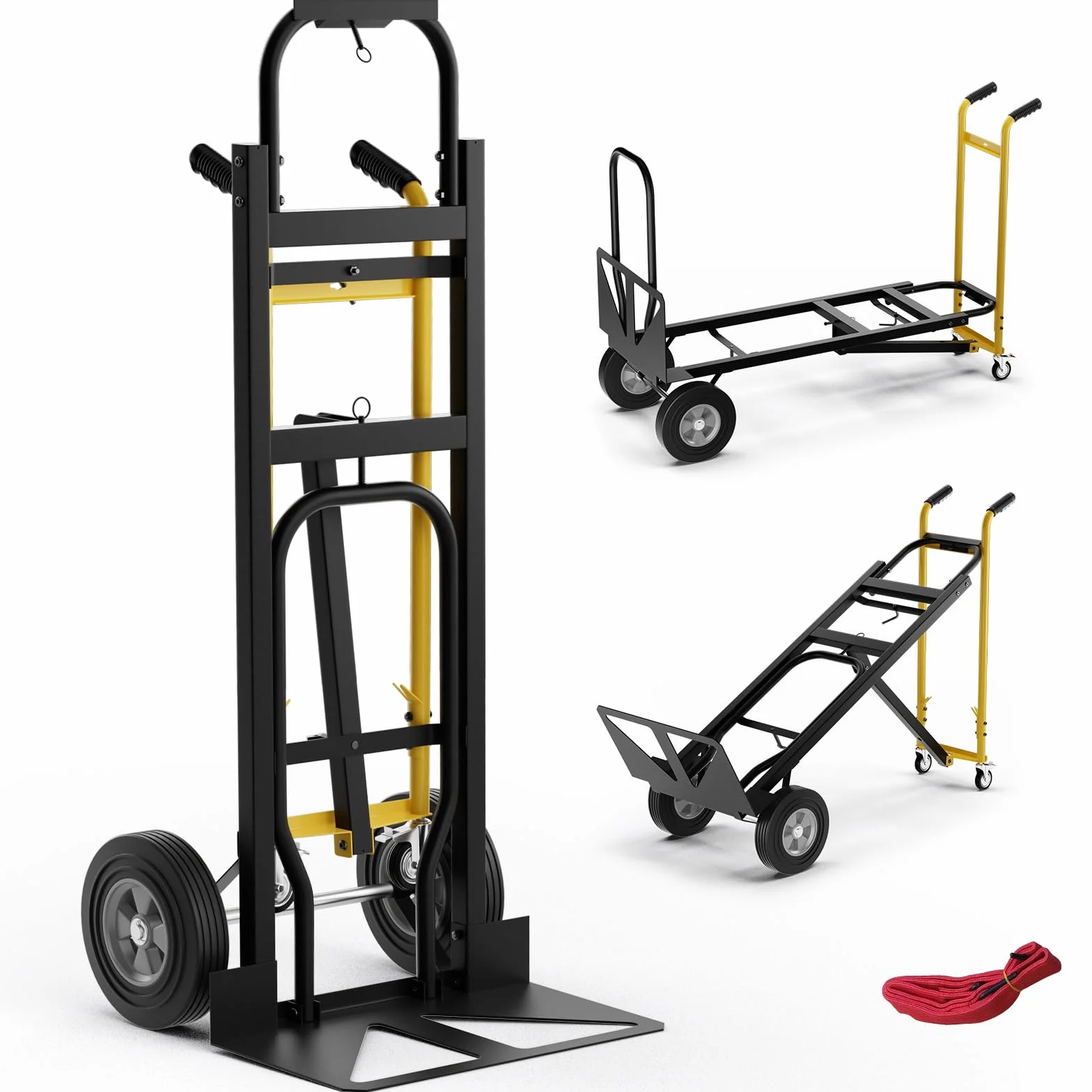 COSTWAY Wózek ręczny 3 w 1 składany wózek transportowy może udźwignąć do 360 kg/450 kg, wózek ręczny z 4 gumowymi oponami wraz z liną łączącą powierzchnia ładunkowa 25 x 29 cm / 130 x 38 cm, czarny