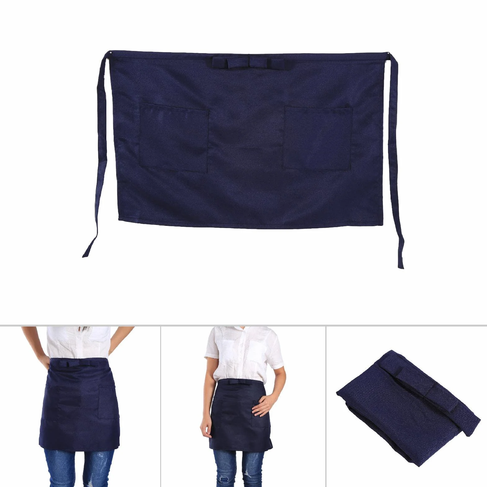 Fartuch w Talii z 2 Kieszeniami, Jednokolorowy Fartuch do Połowy Długości Polyerter Unisex Typu Bowknot Kelner Pół Fartuch dla Kobiet Mężczyźni Kelnerka Kelnerka (7 Kolorów)(Ciemny niebieski)