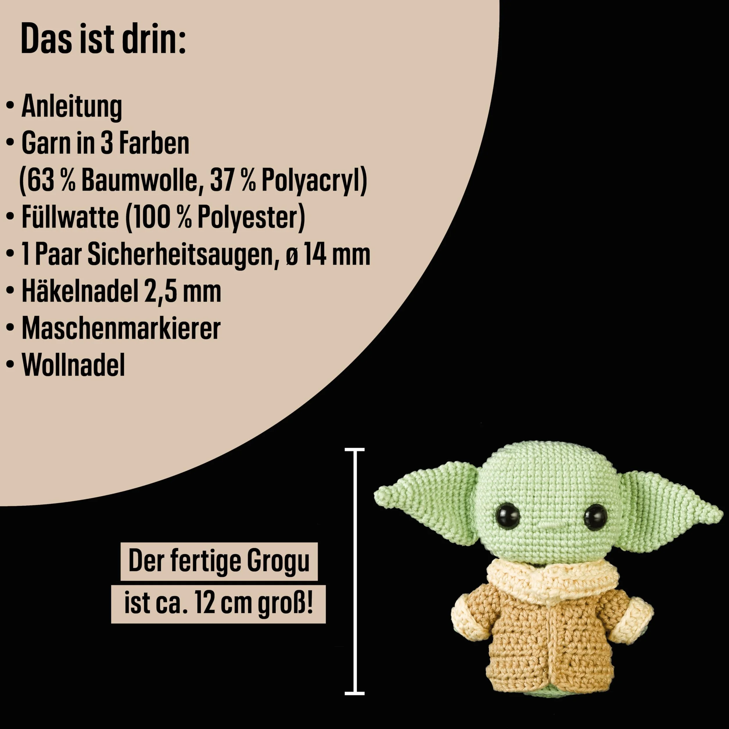 Funkogurumi Grogu Häkelset: Anleitung, Misch-Garn, Füllwatte, Häkelnadel 2,5 mm, Sicherheitsaugen