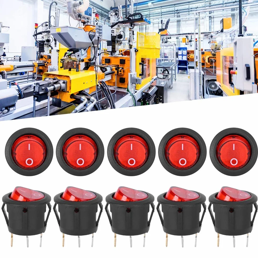 10 Sztuk AC 6A/250V 10A/125V Przełącznik Kołyskowy, Przełącznik NilightRocker 3Pin Okrągły Snap Rocker Przełącznik łodzi Czerwone światło Używane do Przełączników Sprzęt Agd