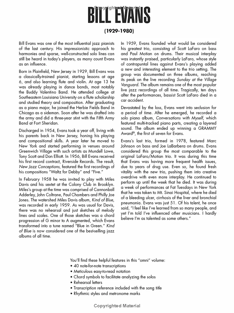 Bill Evans Omnibook for Piano: Transcribed Exactly from His Recorded Solos