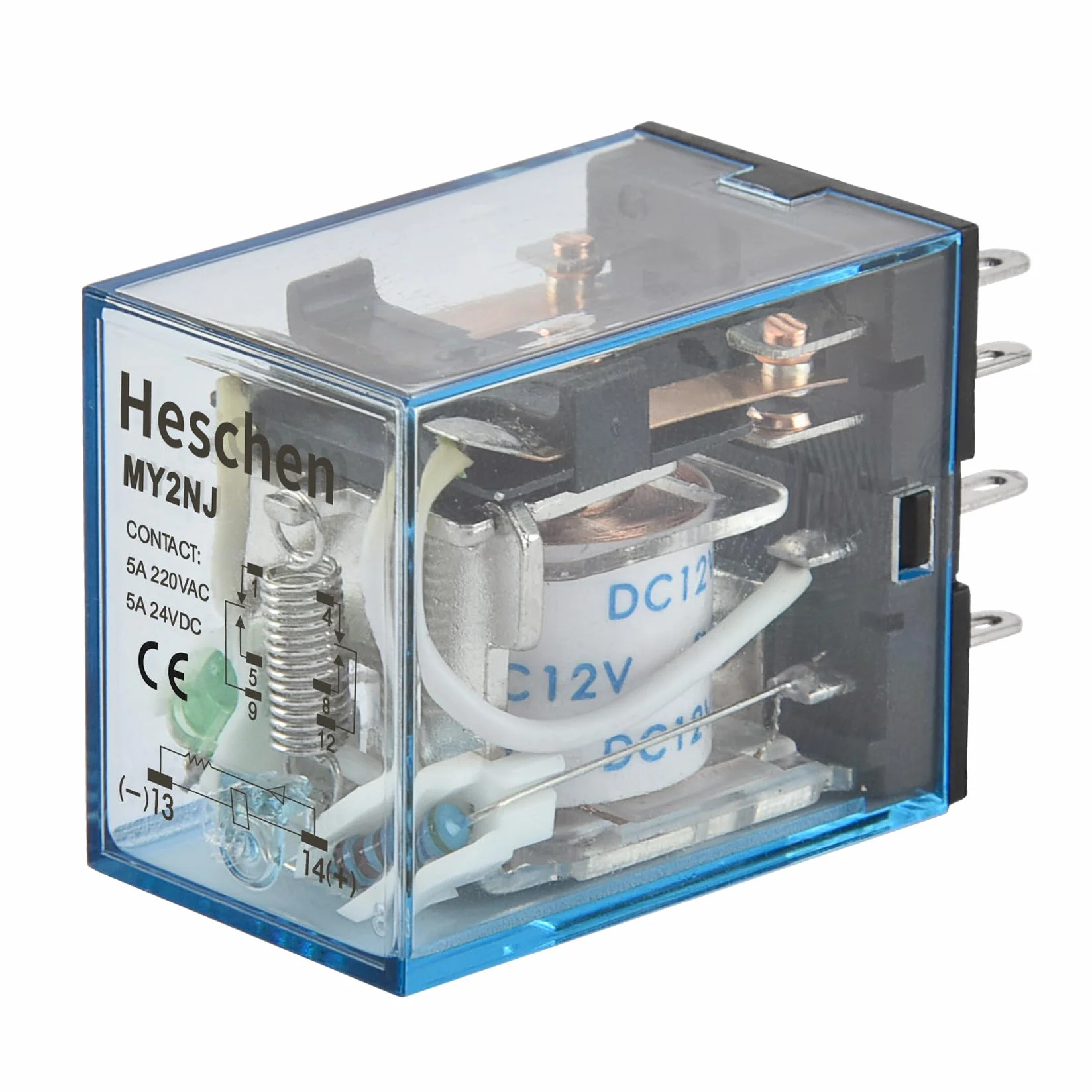 Heschen Gereral przekaźnik MY2NJ 12 V DC cewka 5 A 24 V DC/220 V AC DPDT wskaźnik LED 8-pinowy zacisk