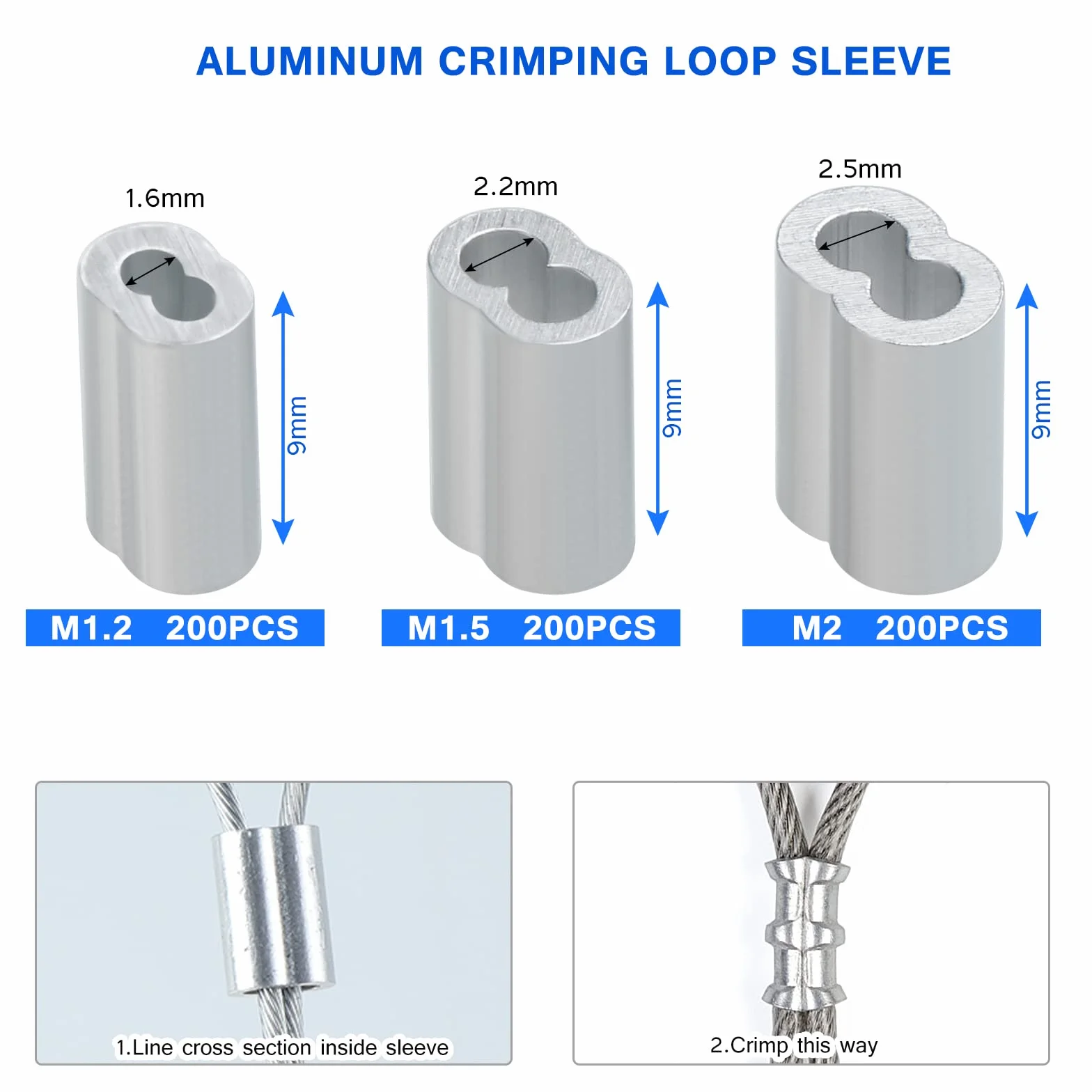 Zaciskarka do lin stalowych 2,2 mm, 150 szt. tulejek aluminiowych 3 rozmiary