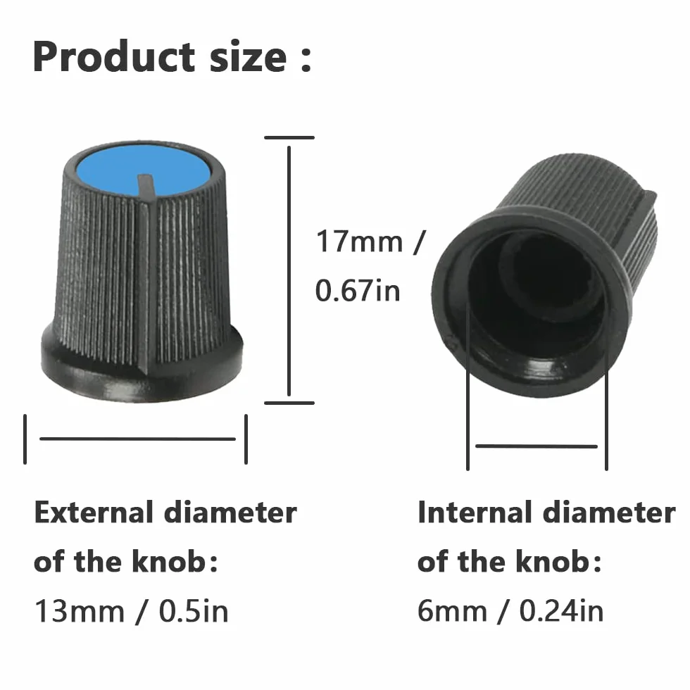 Xiatiaosann 60 sztuk regulator potencjometru 6 mm wał radełkowany otwór potencjometr regulator głośności nasadka pokrętła 13 x 17 mm kolor biały, niebieski, czerwony, żółty, zielony, pomarańczowy