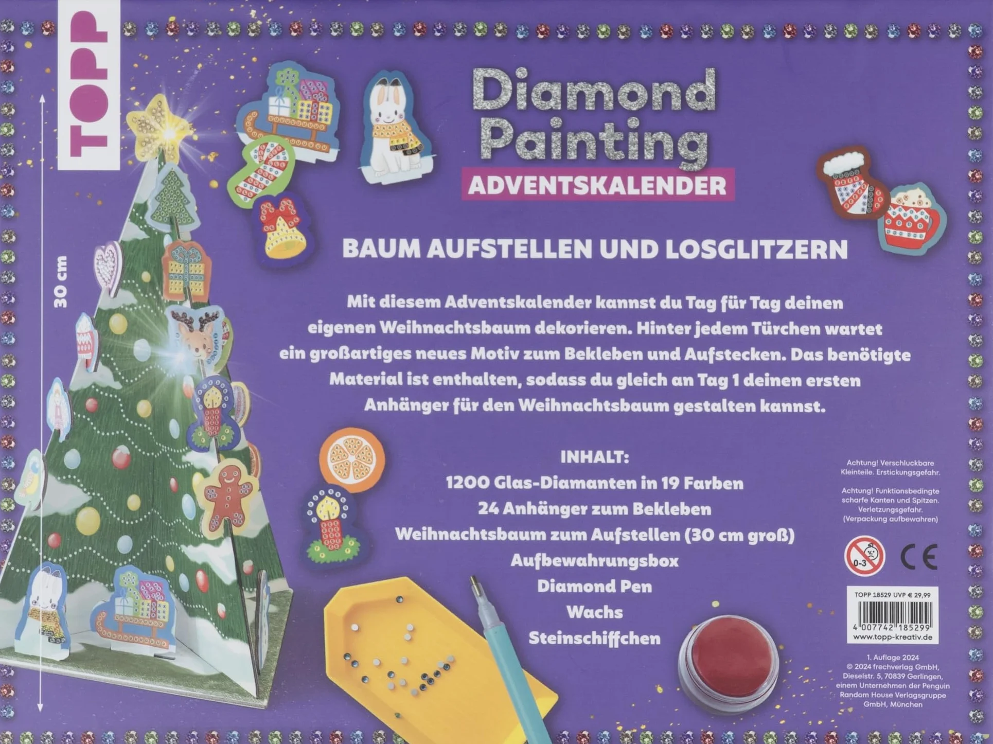Weihnachtszauber - Der Diamond-Painting-Adventskalender. Mit Material und Werkzeug für 24 Baumanhänger: Aufstellbaum (30 cm), Werkzeug und 1200 Diamanten aus Glas in 19 Farben für 24 Anhänger