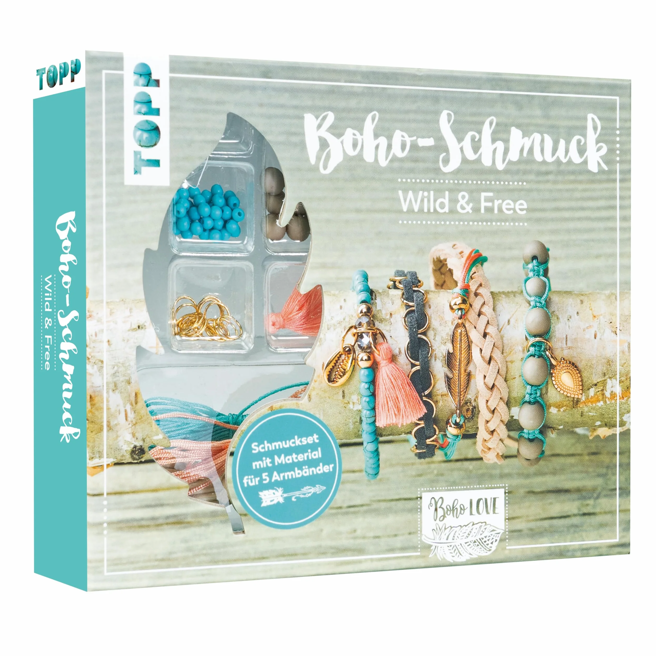 Boho-Schmuckset Wild & Free (Türkis/ Lachs): Anleitung und Material für 5 Armbänder im Boho Look zum Selbermachen. Bänder, Biegeringe, Perlen und Anhänger. Nickelfrei
