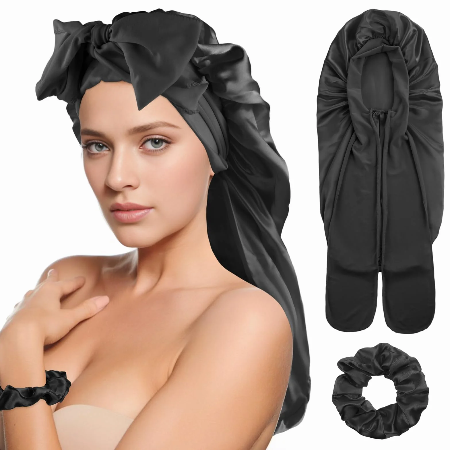 Abeillo Długi czepek satynowy dla kobiet, duży jedwabny czepek do spania z opaską do wiązania i gumkami, czepek do spania dla długich kręconych włosów, warkocze