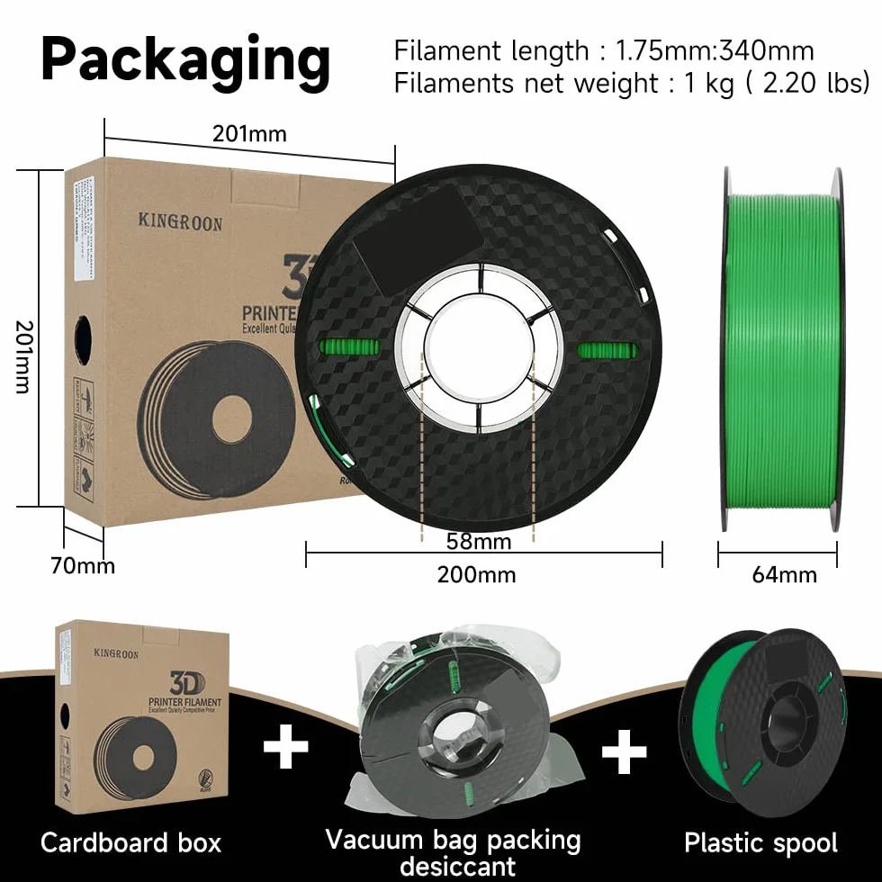 Kingroon Materiały eksploatacyjne do drukarek 3D PLA, dokładność wymiaru +/-0,03 mm, szpula 1 kg (2,2 lbs), 1,75 mm, zielone