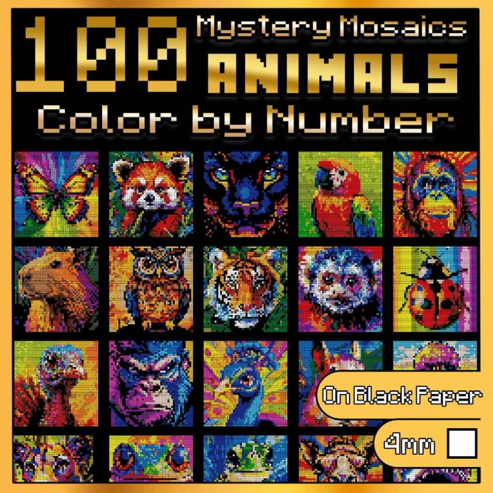 Color by Number Animals: Mystery Mosaics Animal Coloring Book for Adults with Hidden Images on Black Paper