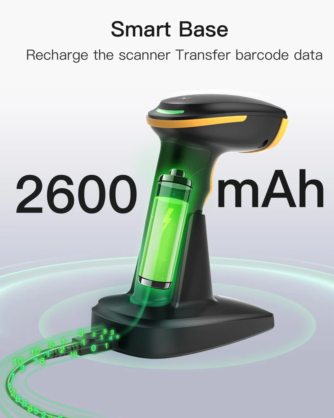 Inateck Skaner kodów kreskowych Bluetooth 2D, bezprzewodowy skaner kodów QR 2D z akumulatorem 2600 mAh i inteligentną stacją ładującą, ręczny skaner obsługuje AI, aplikację, SDK, BCST-36