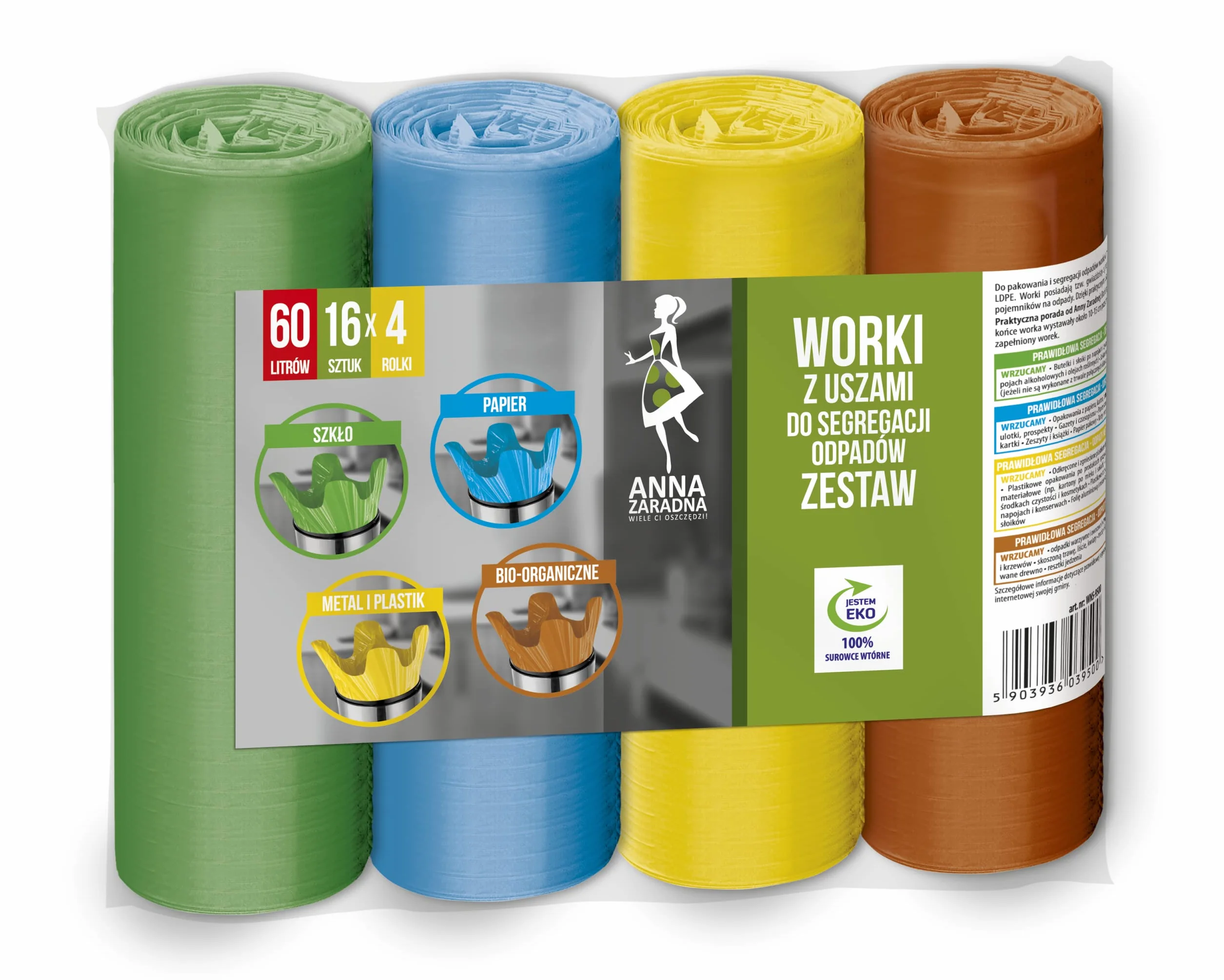 Anna Zaradna worki z uszami do segregacji odpadów: SZKŁO, BIO, PLASTIK, PAPIER, ZESTAW 60L 4x16szt, wykonane z recyclingu surowców wtórnych