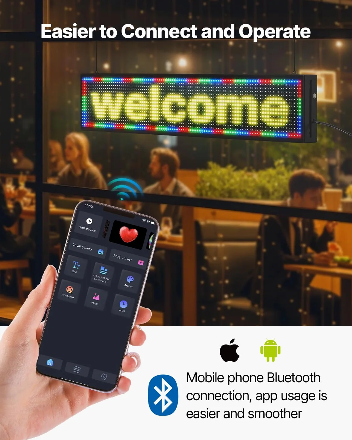 VEVOR Kolorowy elastyczny przesuwny panel cyfrowy P10 programowalny panel LED, panel wyświetlacza DIY, spersonalizowany wzór tekstu, sterowanie aplikacją Bluetooth GIF, 990 x 190 x 55 mm
