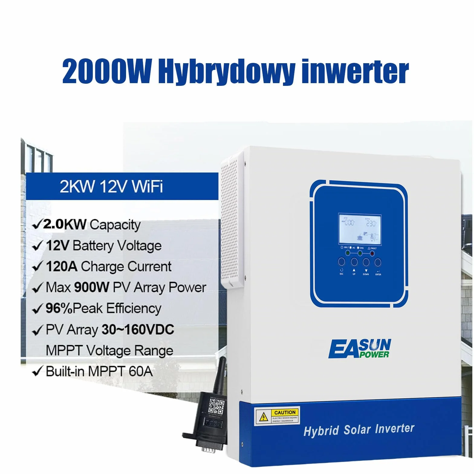 POWLAND 2000W Hybrydowy inwerter 12V, poza siecią z czystą falą sinusoidalną, DC 12V do AC 230V, maksymalna moc PV 900W 30-160VDC, do akumulatorów ołowiowych i litowych 12V, z modułem WiFi