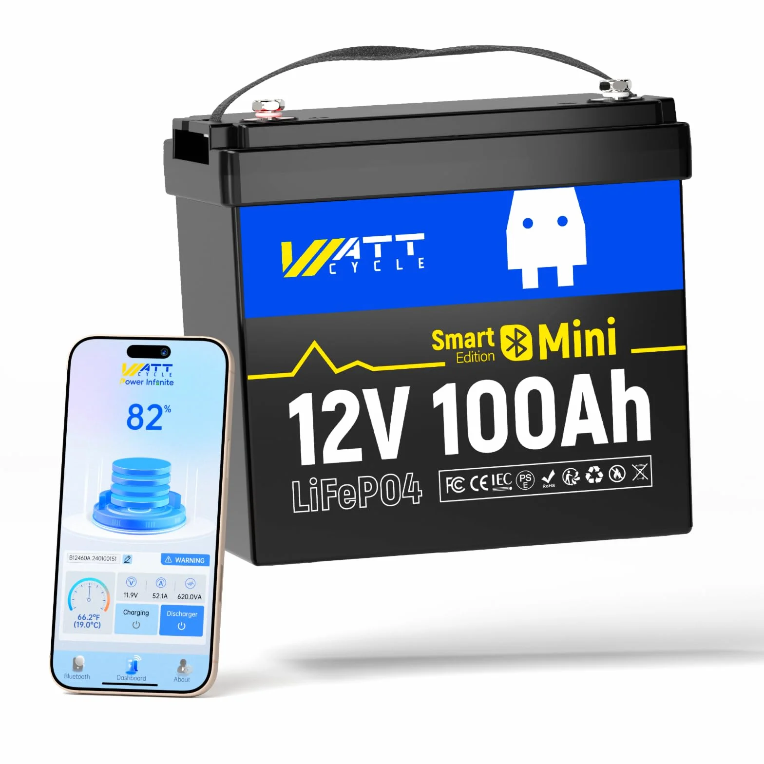 WattCycle Bateria litowa 12V 100Ah LiFePO4 z Bluetooth BCI Group 24 Smart BMS 15000 cykli