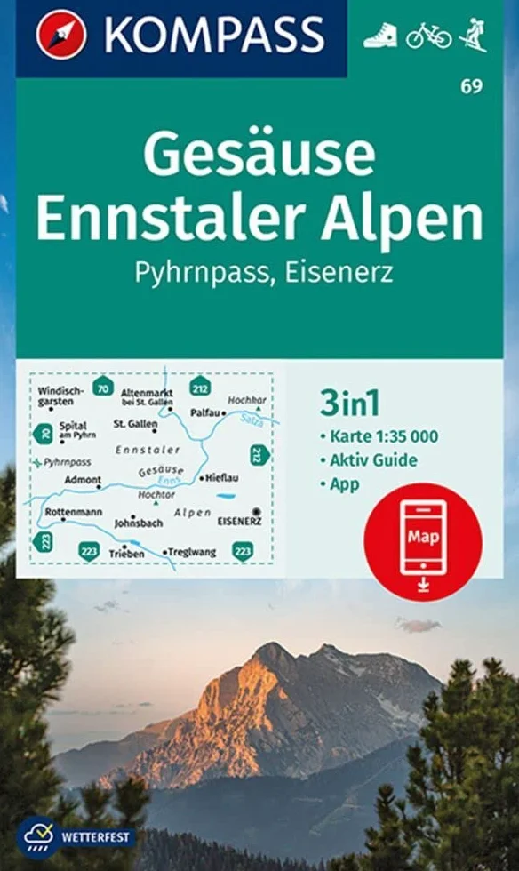 KOMPASS Carta escursionistica Kom 69 Gesäuse Ennstaler Alpen Pyhrnpass Eisenerz 3in1 Wanderkarte mit Aktiv Guide offline in App