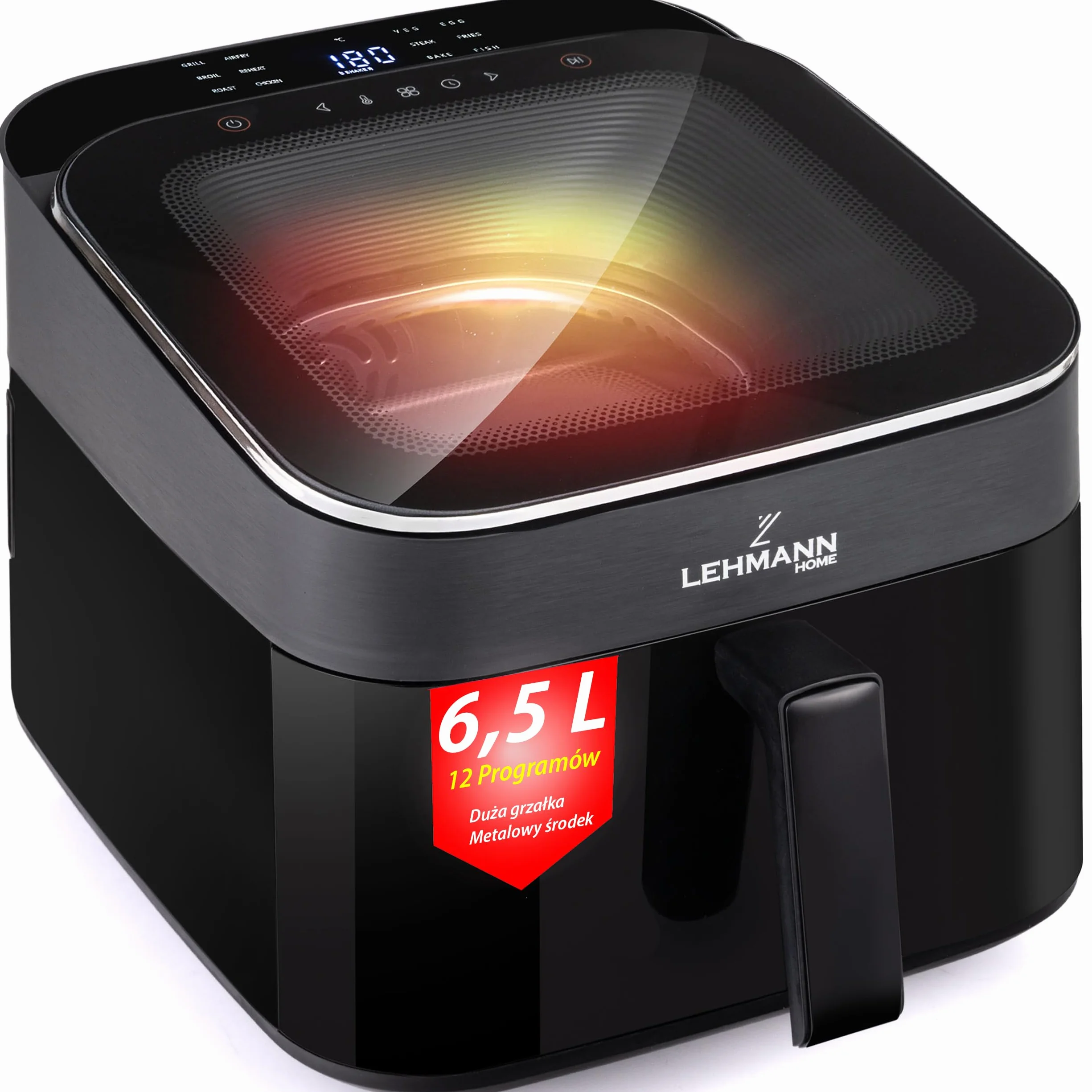 LEHMANN XL frytkownica beztłuszczowa 6,5L, Air Fryer z górnym panoramicznym oknem widokowym i oświetleniem, ekran dotykowy, 12 programów, przypomnienie o mieszaniu, antyspalające rusztowania nadające