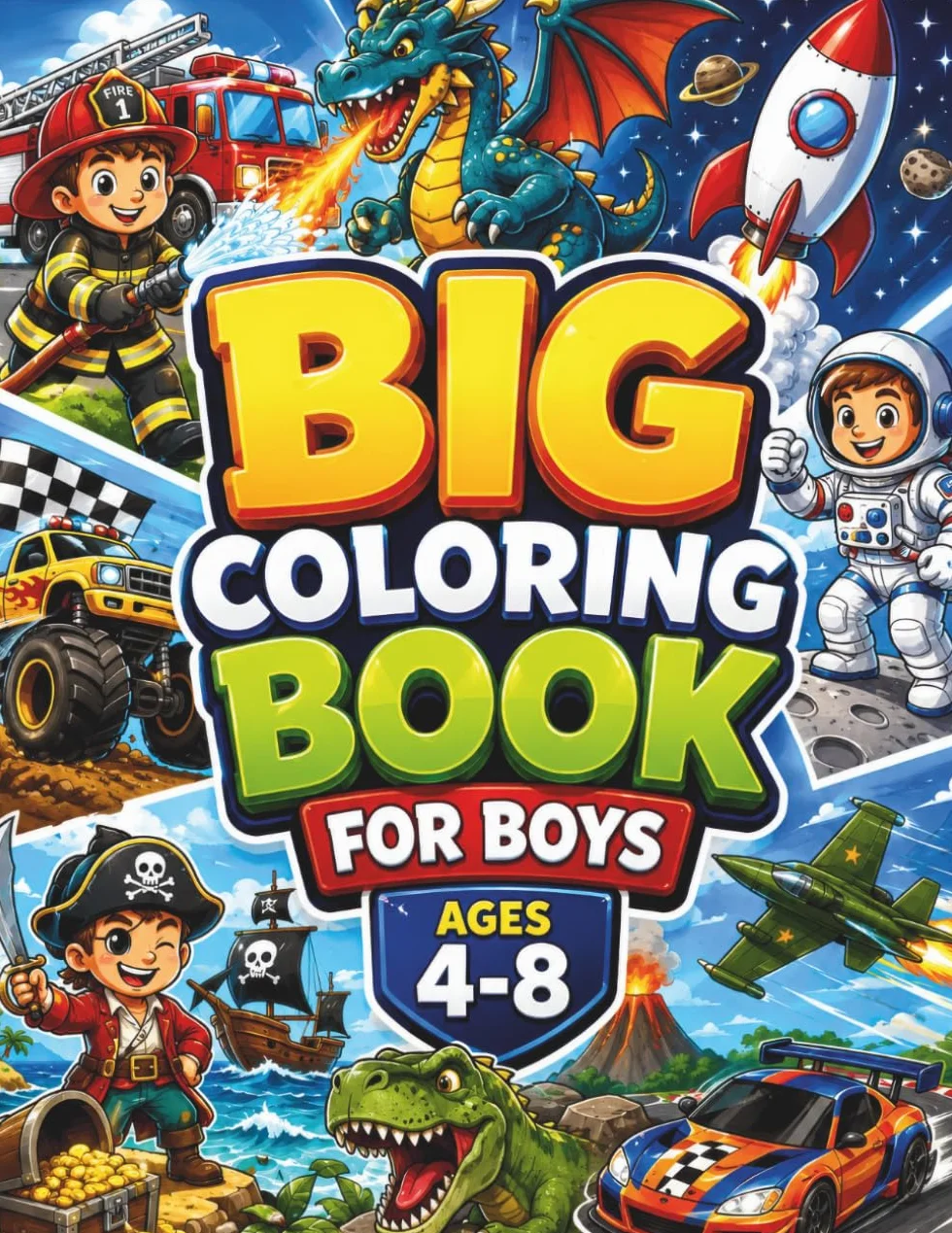 Big Coloring Book for Boys Ages 4-8: 50 Fun Pages with Dinosaurs, Space, Vehicles, Sports, Jobs & Adventures