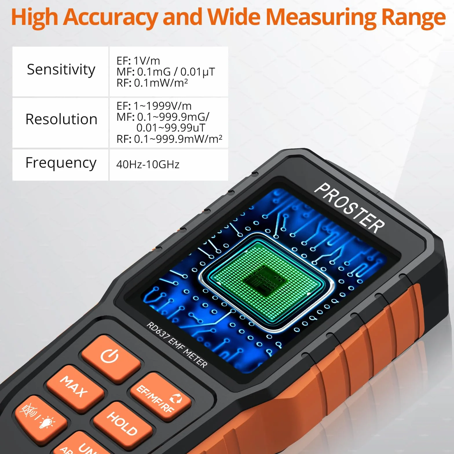 Proster Akumulator EMF, elektromagnetyczny detektor promieniowania pola elektromagnetycznego 3 w 1 z 3 kolorowym wyświetlaczem i alarmem dźwiękowym dla 3-osiowego EF RF MF X/Y/Z