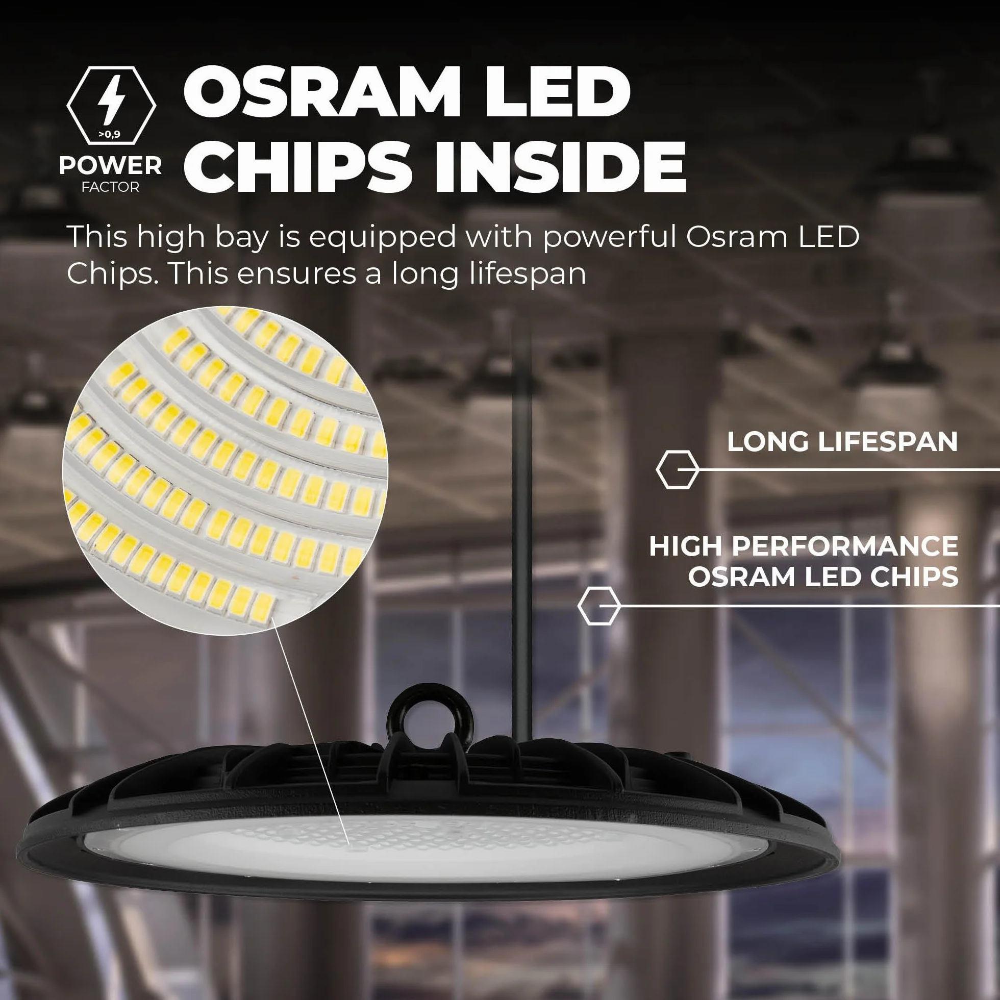 Ledvion - LED High Bay, IP65, 150 W, 110 lm/W, zimna biel, 6500 K, lampy sufitowe, oświetlenie garażu, oświetlenie robocze, fabryka, magazyn