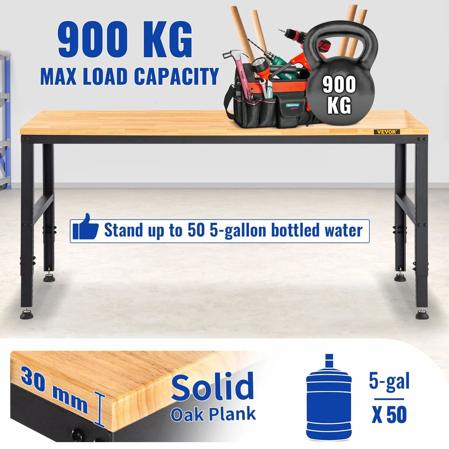 VEVOR Stół warsztatowy 183x64x97 cm regulowana wysokość 72-97 cm blat z twardego drewna stalowa rama