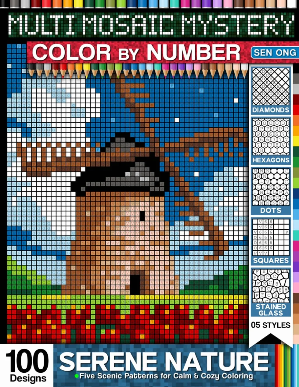 Serene Nature Multi Mystery Mosaic Color By Number: Five Scenic Patterns for Calm & Cozy Coloring