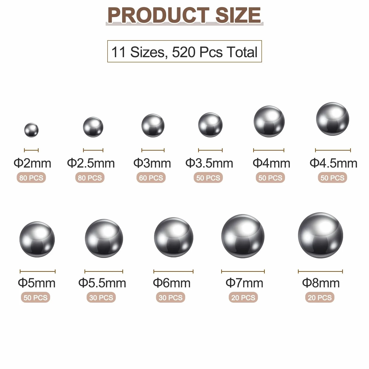 QUARKZMAN Zestaw 520 sztuk kul precyzyjnych G16 2-8 mm stal chromowana