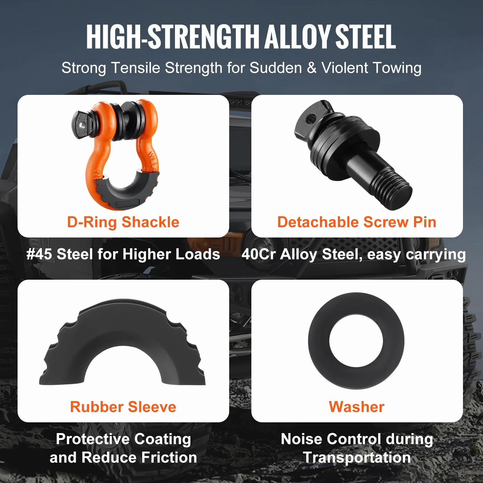 VEVOR Szekla D-ring 4,75 t zestaw 2 szt ze stali stopowej trzpień 22 mm pomarańczowa