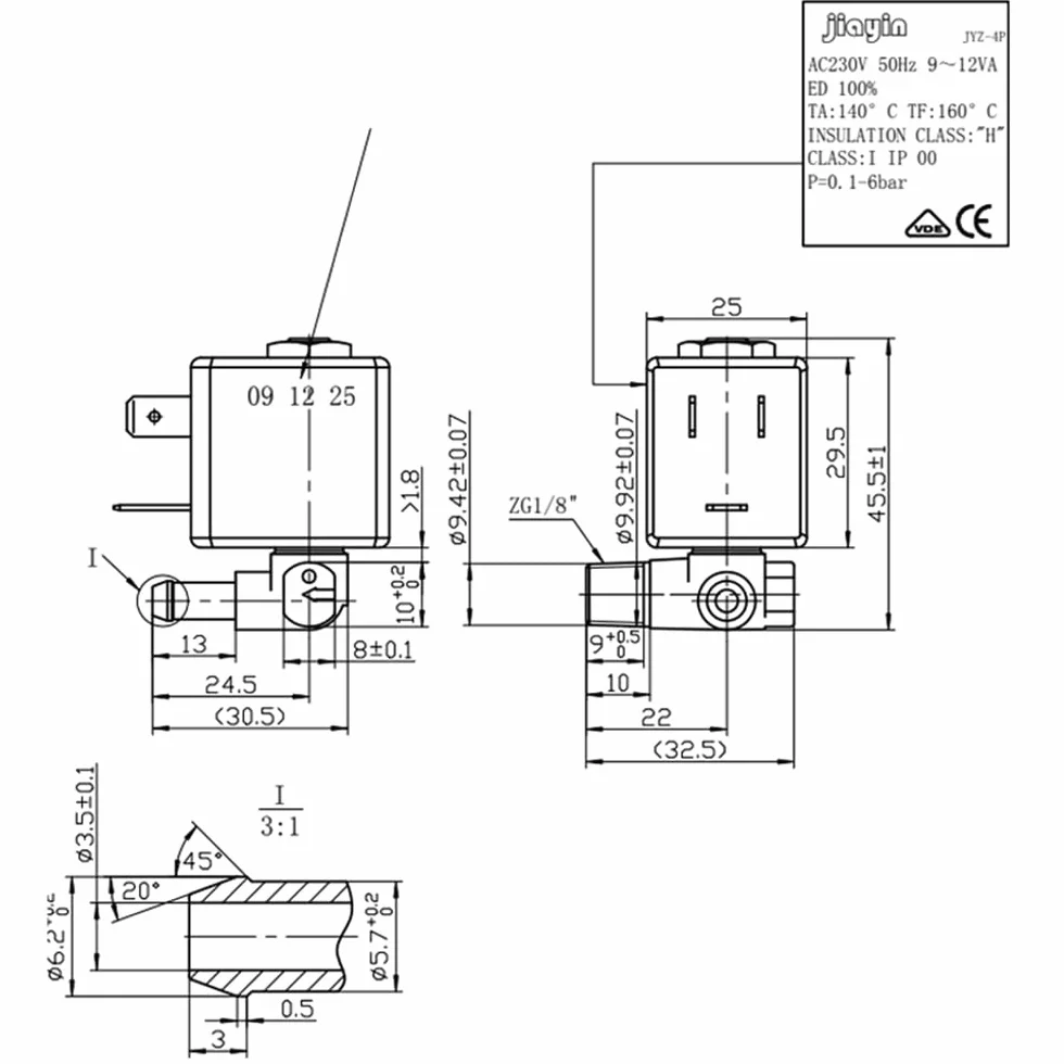 JYZ-4P Normalnie zamknięty 3 mm N/C 2/2-drożny AC 230 V G1/8" mosiężny żelazko parowe zawór elektromagnetyczny do wody pary gazowej