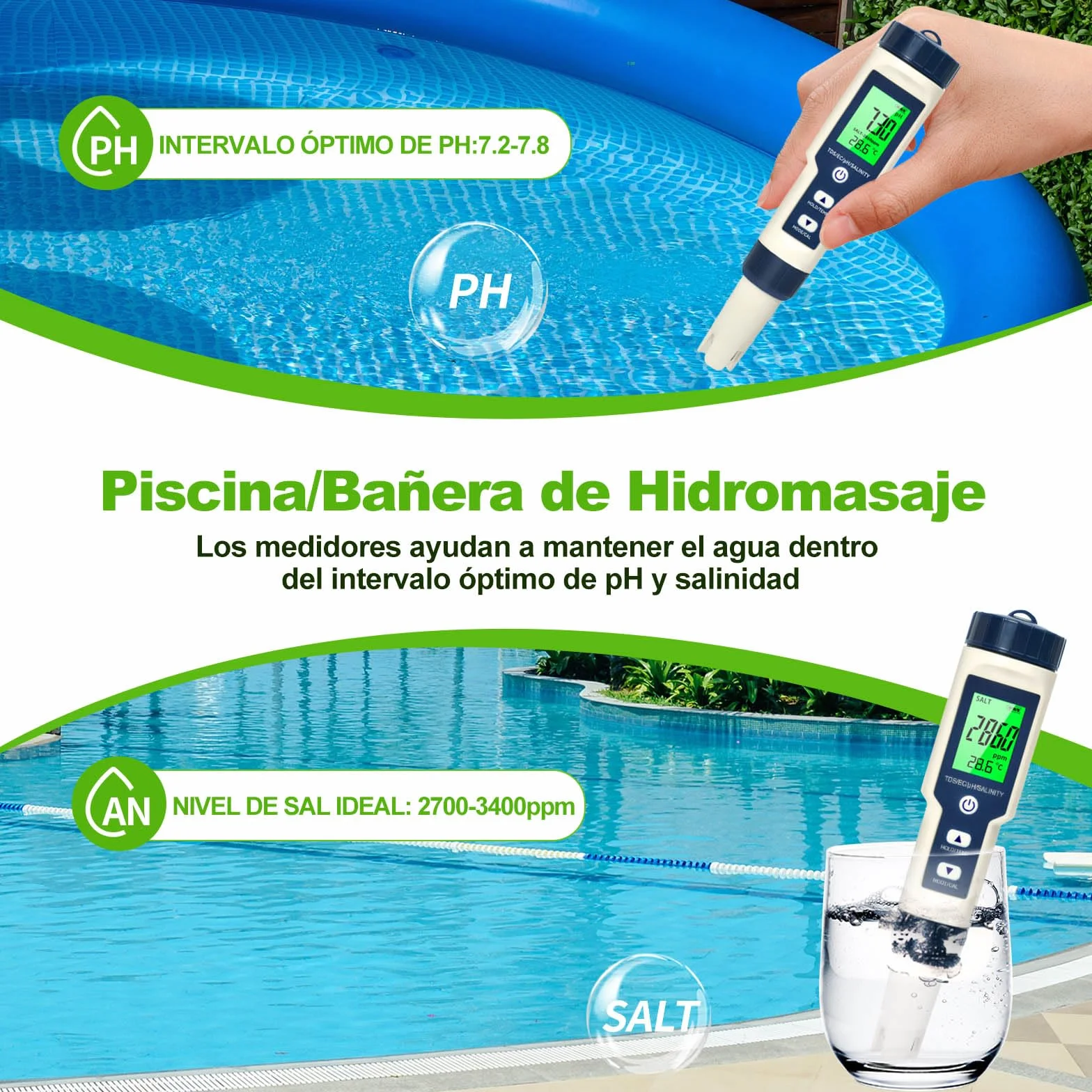 Miernik ph wody, pH/TDS/EC/zasolenia/termometr 5 w 1 z wyświetlaczem LCD, miernik ph basen o wysokiej czułości, automatyczna kompensacja temperatury, odpowiedni do hydroponiki, akwarium
