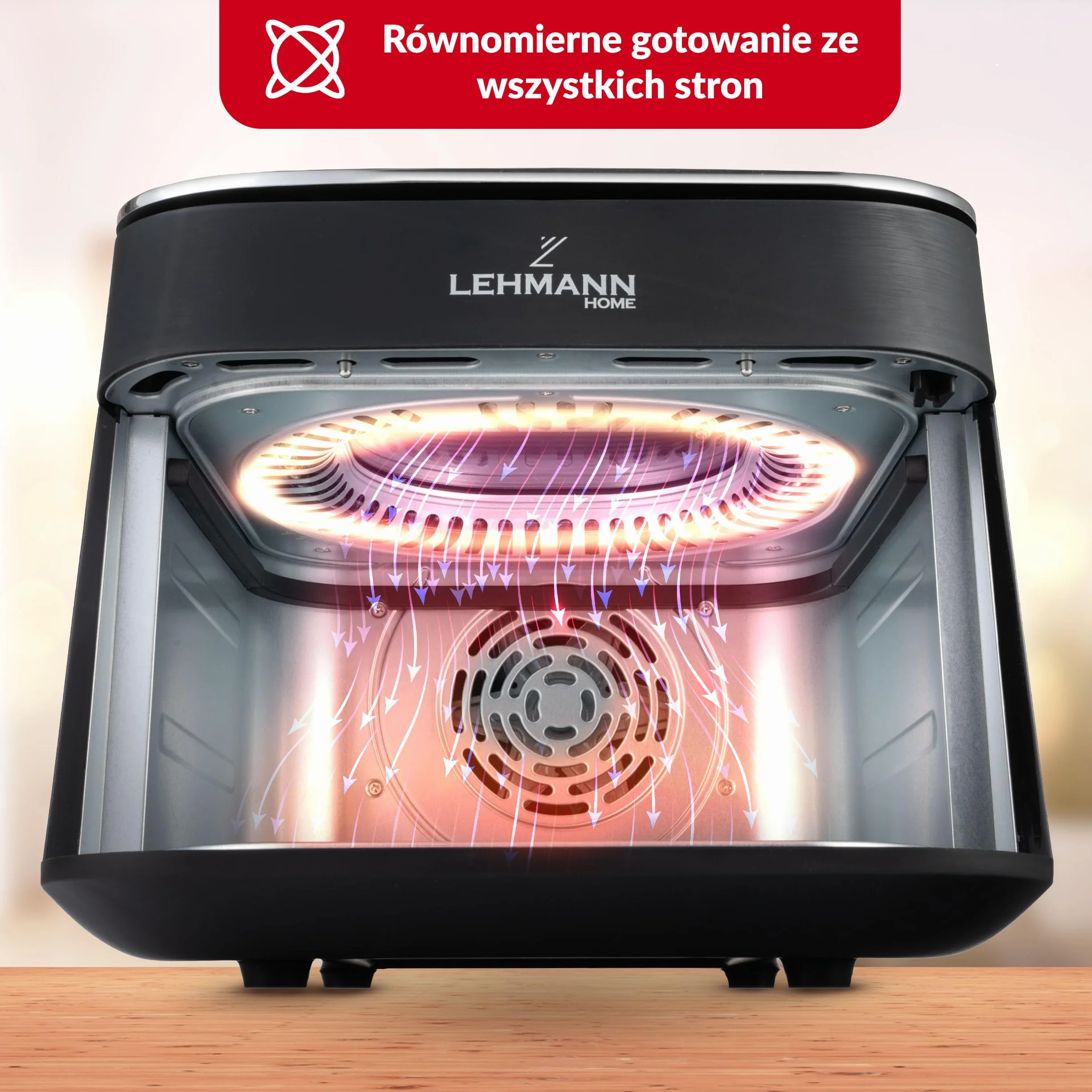 LEHMANN XL frytkownica beztłuszczowa 6,5L, Air Fryer z górnym panoramicznym oknem widokowym i oświetleniem, ekran dotykowy, 12 programów, przypomnienie o mieszaniu, antyspalające rusztowania nadające