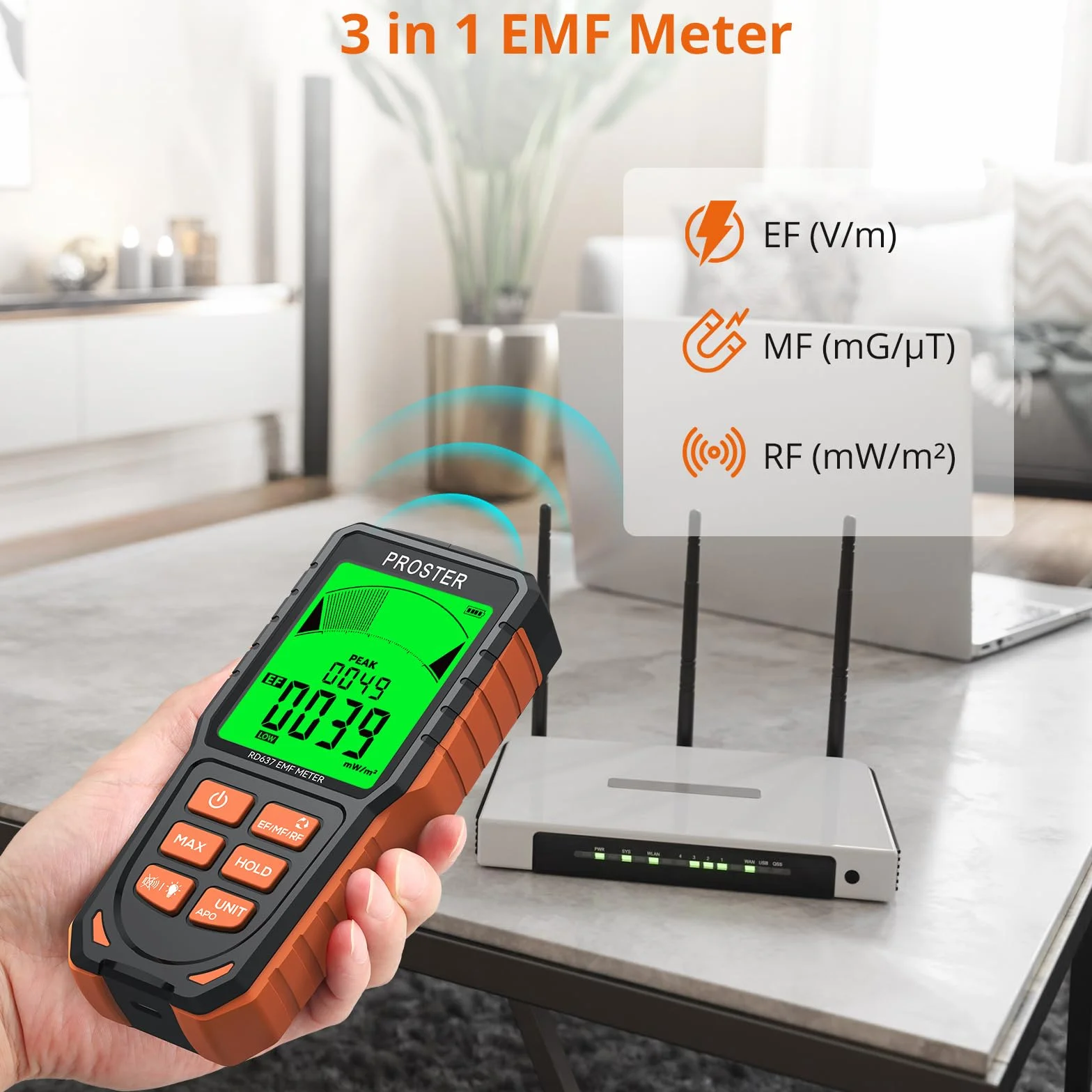 Proster Akumulator EMF, elektromagnetyczny detektor promieniowania pola elektromagnetycznego 3 w 1 z 3 kolorowym wyświetlaczem i alarmem dźwiękowym dla 3-osiowego EF RF MF X/Y/Z