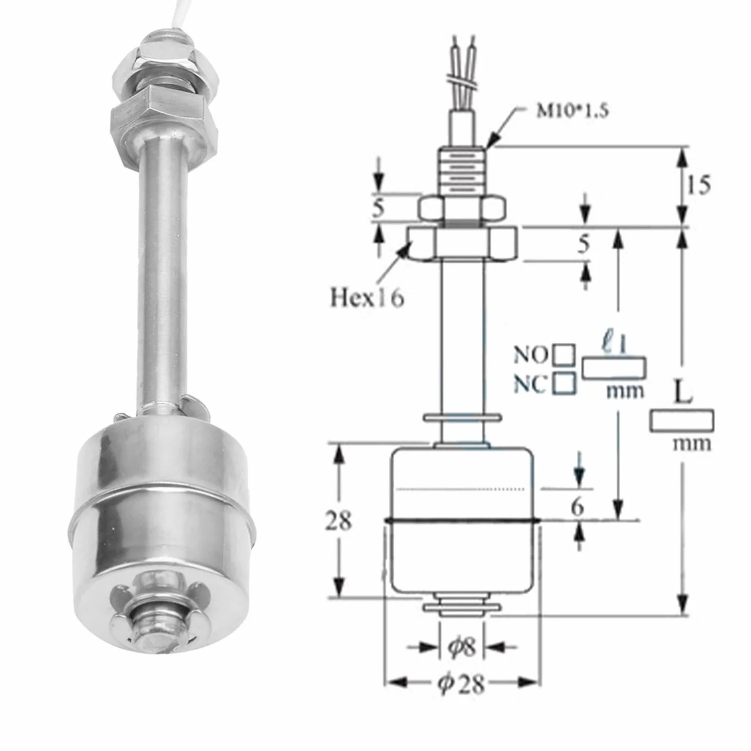 Czujnik poziomu cieczy M10x1,5 ze stali nierdzewnej przełącznik pływakowy 0-220 V NC długość 100 mm