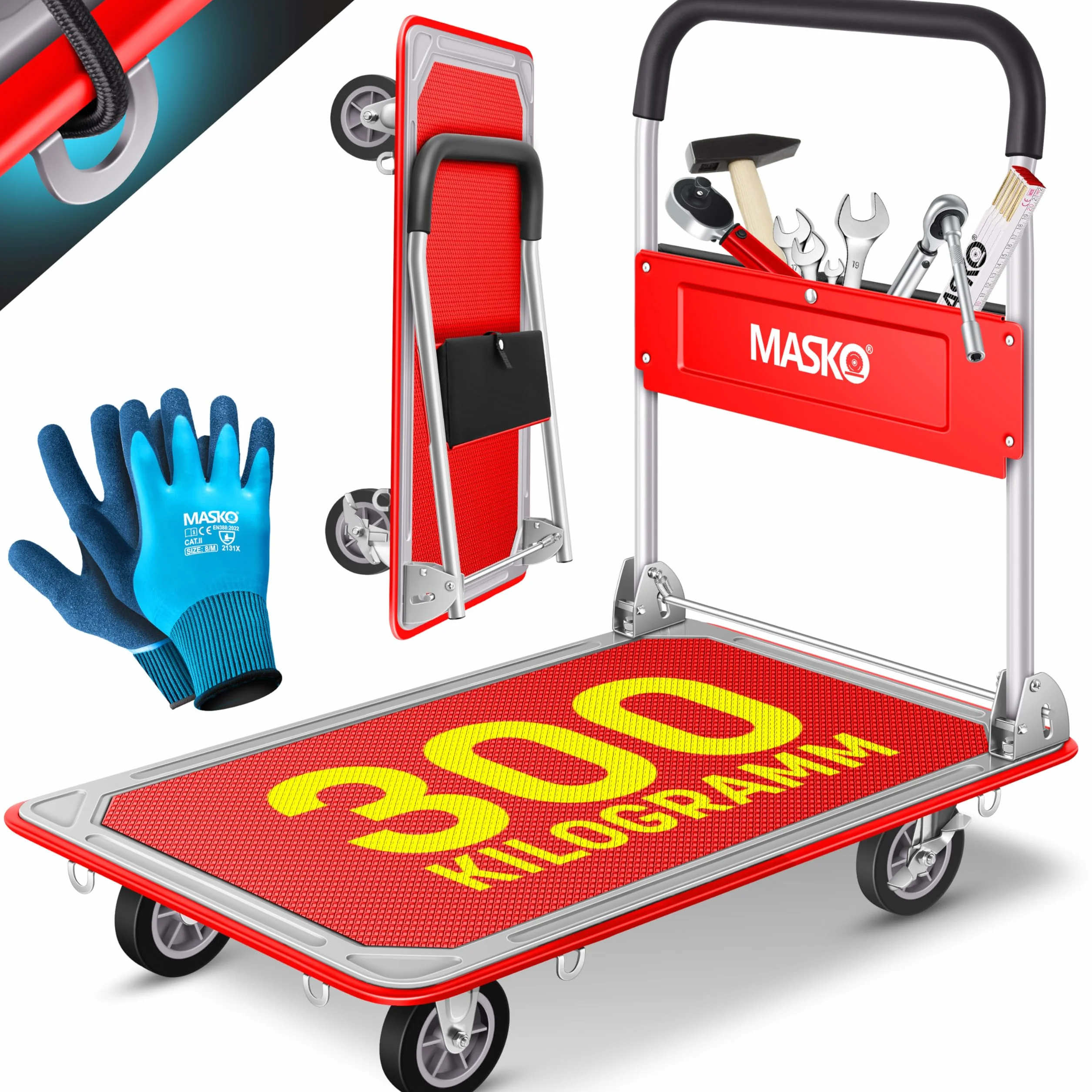MASKO® Wózek z Platformą Transportowy, Składany z Rękawicami Roboczymi, Hamulec Postojowy, 6 Oczek Zabezpieczających, Kółka Skrętne 360°
