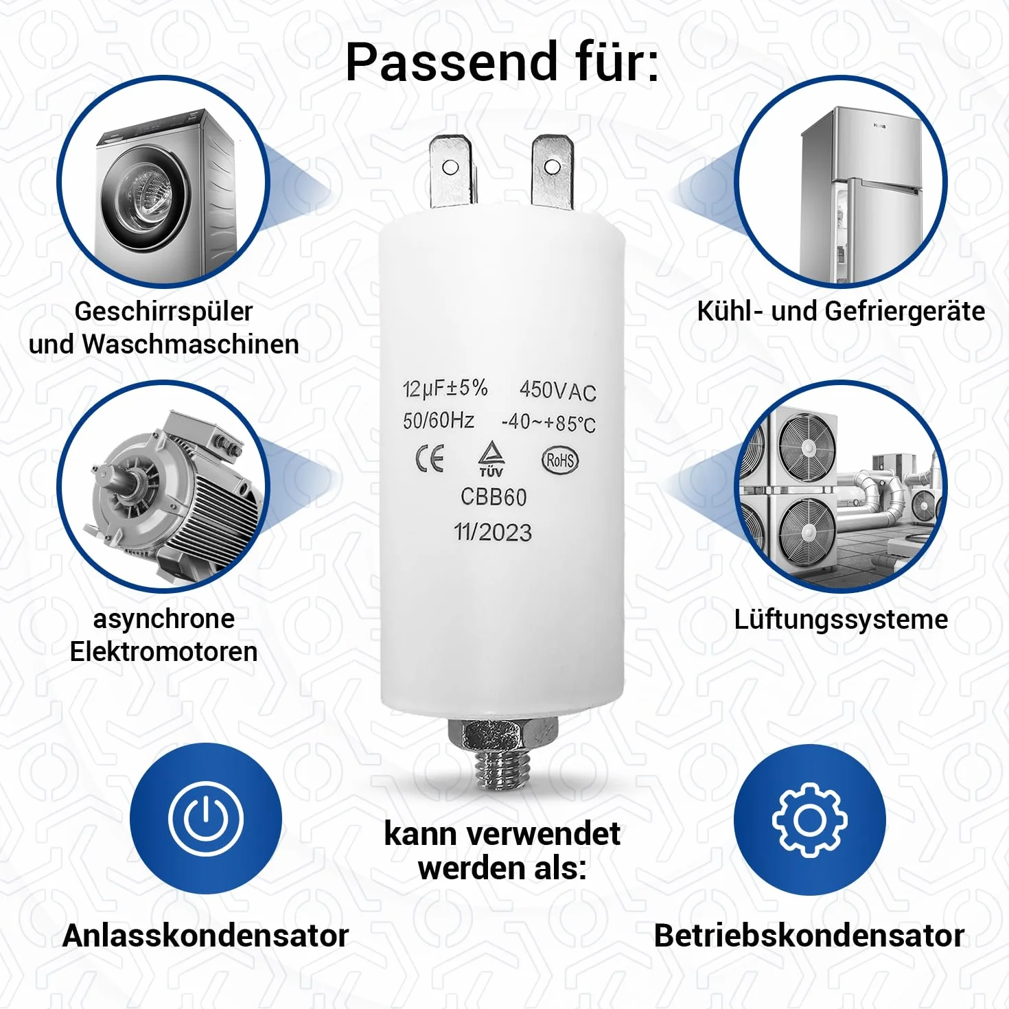 VIOKS Kondensator CBB60 12µF 450V rozruchowy uniwersalny z wtykami AMP 6,3mm i śrubą M8