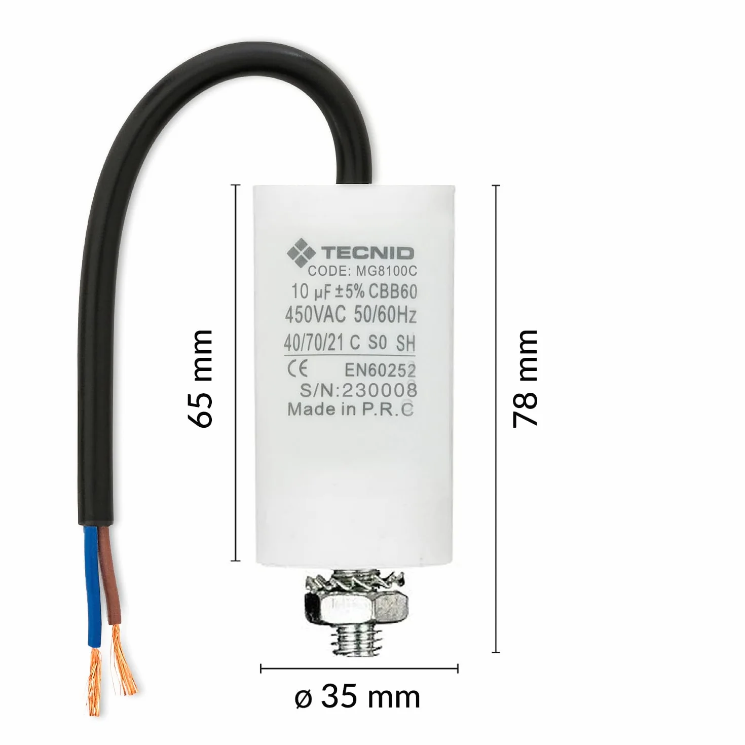 Kondensator rozruchowy 450V 10µF z kablem 15cm do silników elektrycznych