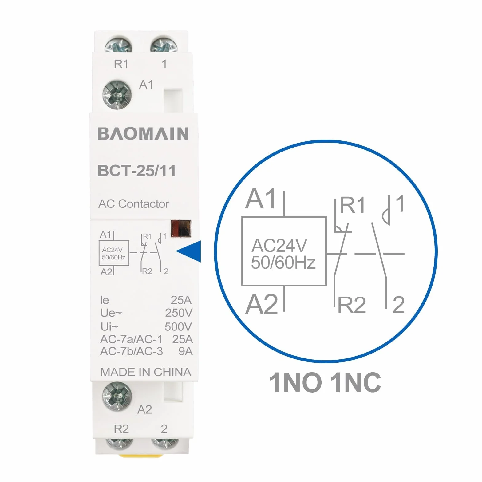 BAOMAIN Stycznik AC 2-biegunowy 25A AC 24V 35mm Montaż na szynie DIN BCT-25/11