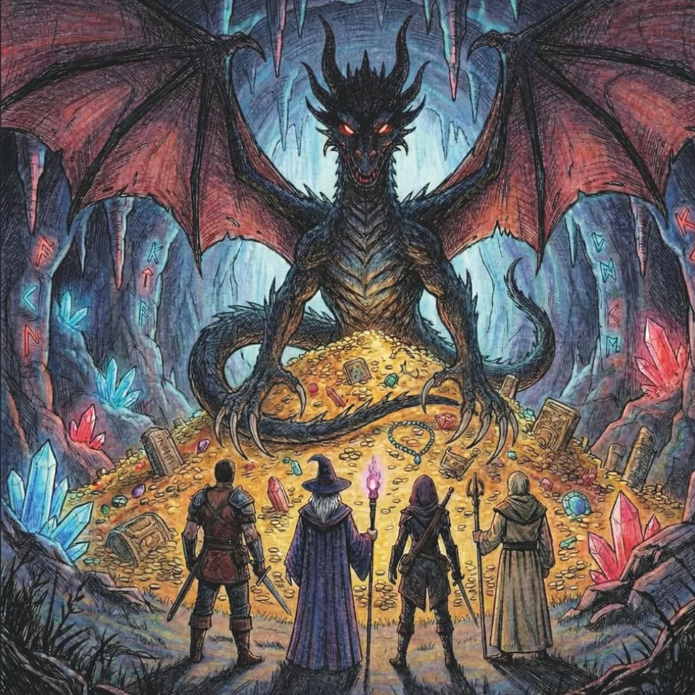 Dziennik RPG: Notatnik z Sesji.: Dla graczy i Mistrzów Gry — kampania, questy, postacie, łupy, mapy i pomysły | Strony w linie z ilustracjami fantasy.