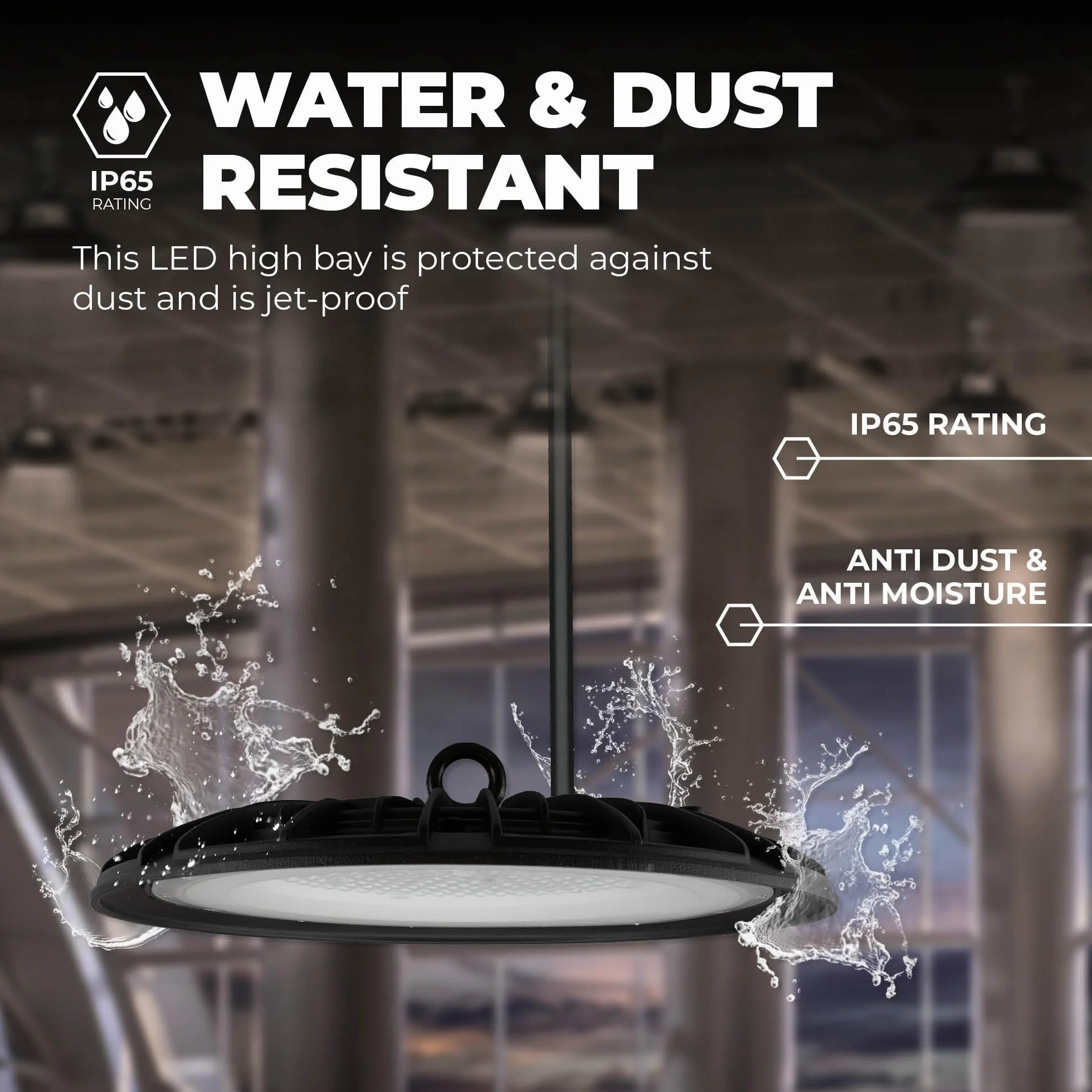 Ledvion - LED High Bay, IP65, 150 W, 110 lm/W, zimna biel, 6500 K, lampy sufitowe, oświetlenie garażu, oświetlenie robocze, fabryka, magazyn